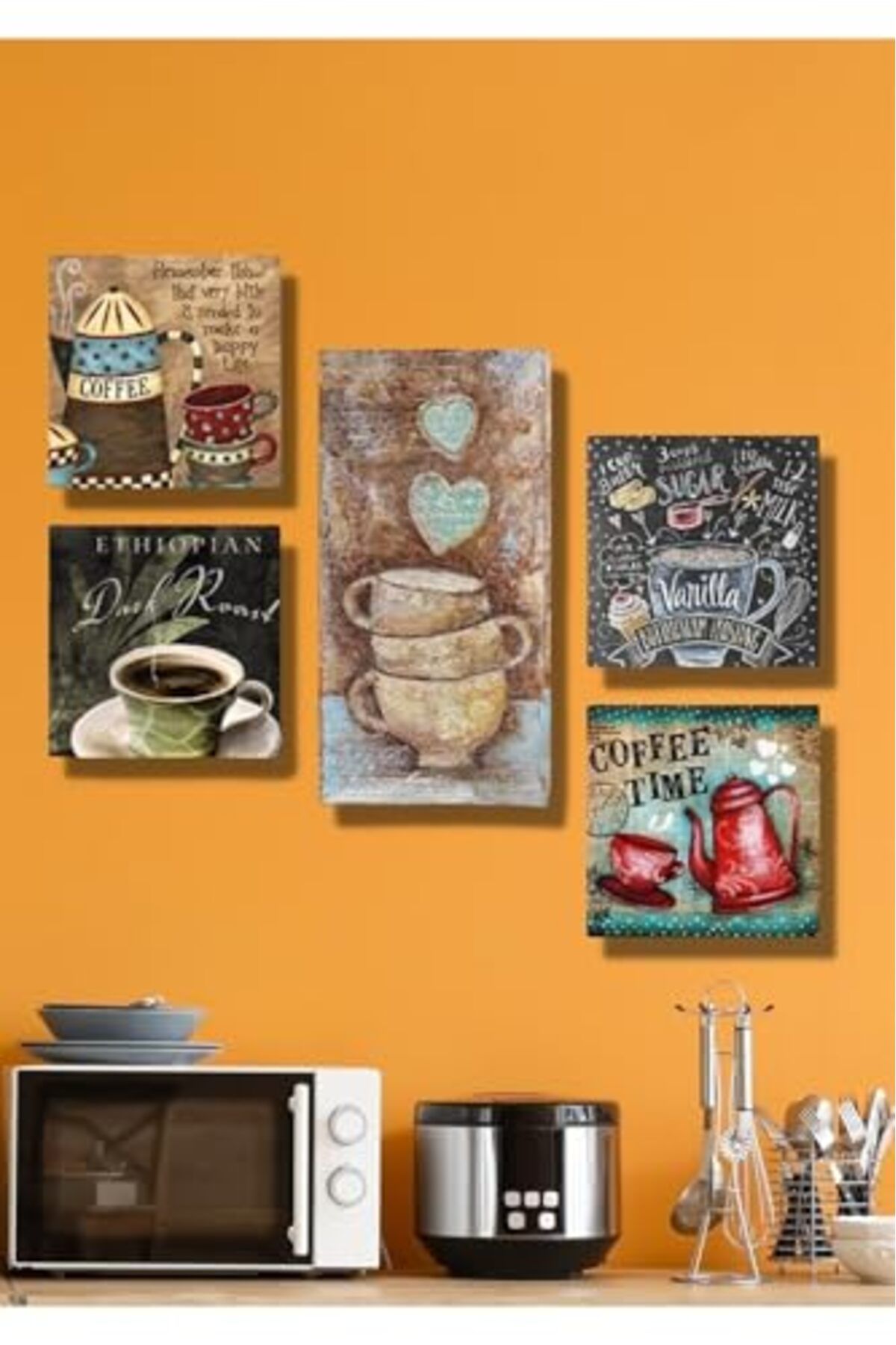 ShopZum Nt Handmade Ahşap 5 Parça Kahve Fincanları Duvar Dekoru Salon Oturma Yatak Odası Mutfak Konsepti Iç