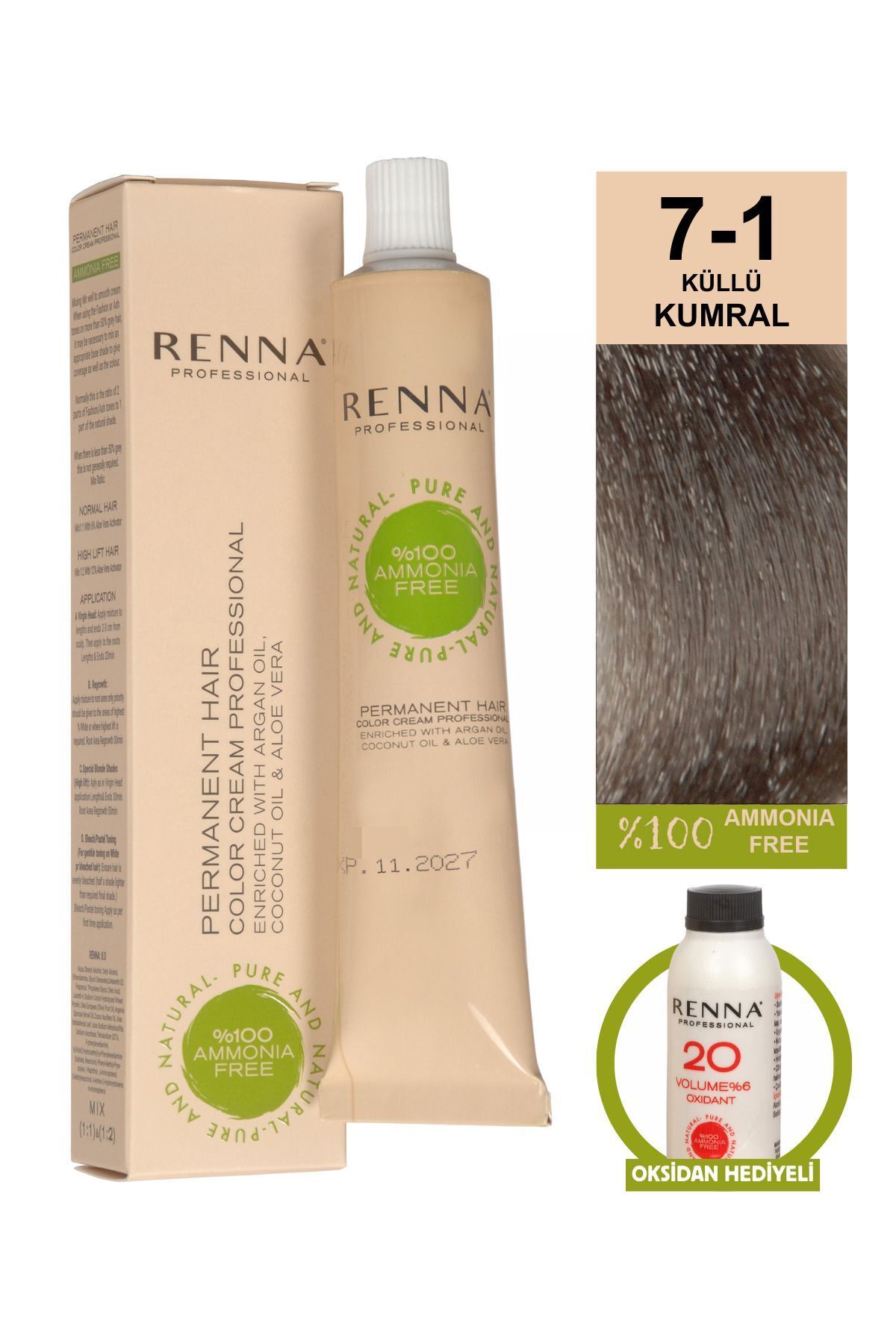 Renna AMONYAKSIZ Bitkisel Yıpranmış Saçlar İçin Saç Boyası 7-1 KÜLLÜ KUMRAL 60ml