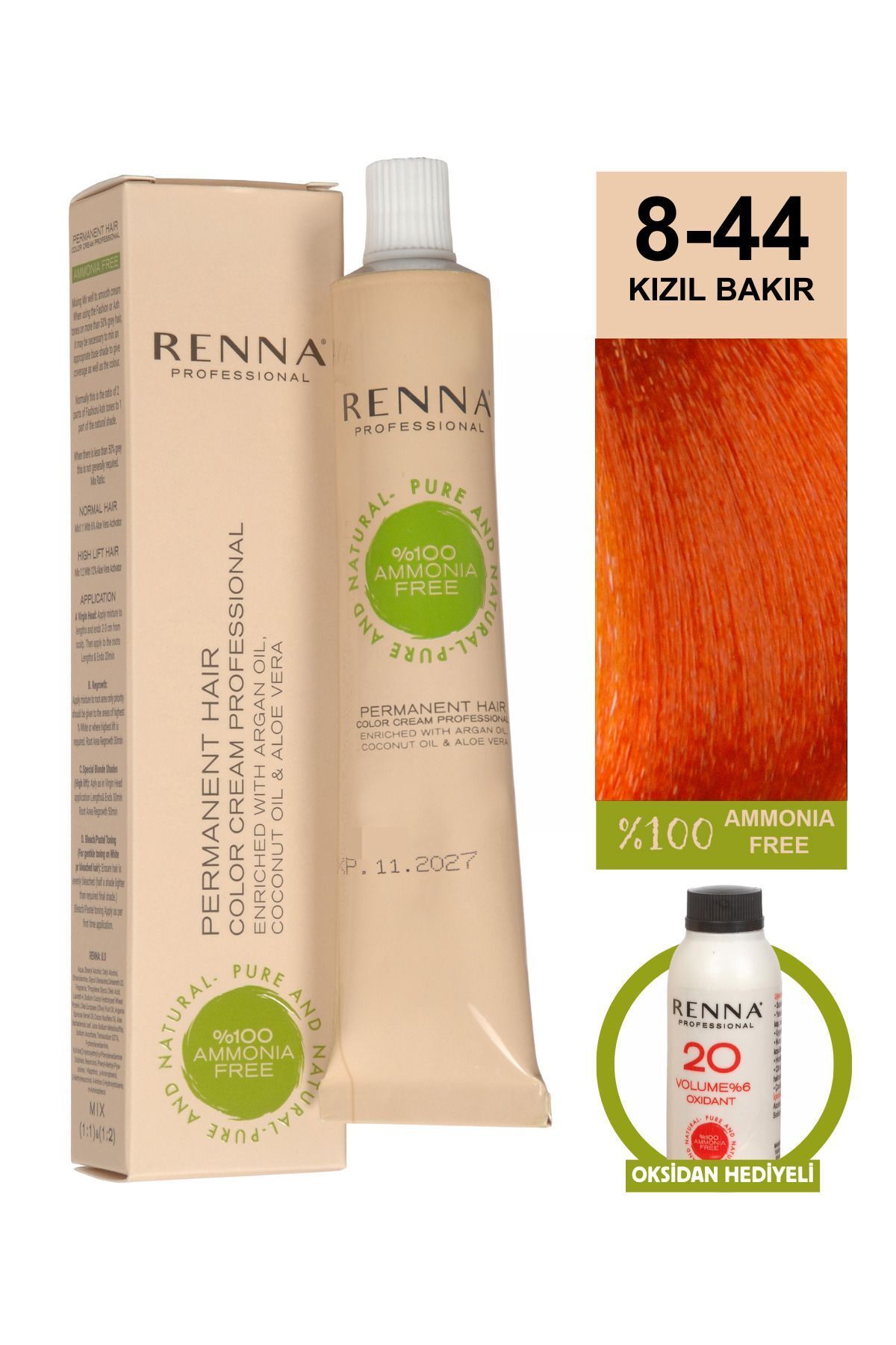 Renna AMONYAKSIZ Bitkisel Yıpranmış Saçlar İçin Saç Boyası 8-44 KIZIL BAKIR 60ml