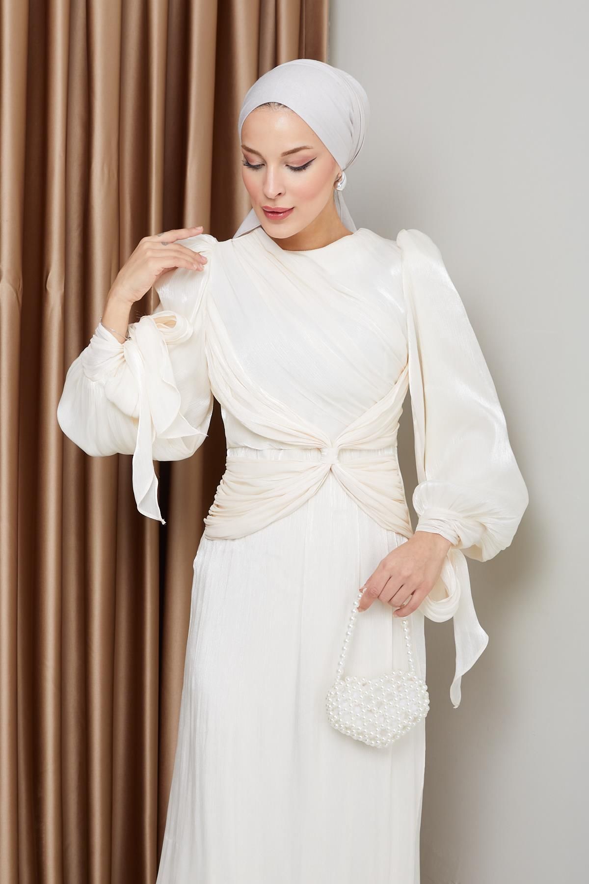 Olcay-Yoryo Seiden-Hijab-Abendkleid – Volant, Schleife und Ärmel, Schnürung, EKRU 1224 3