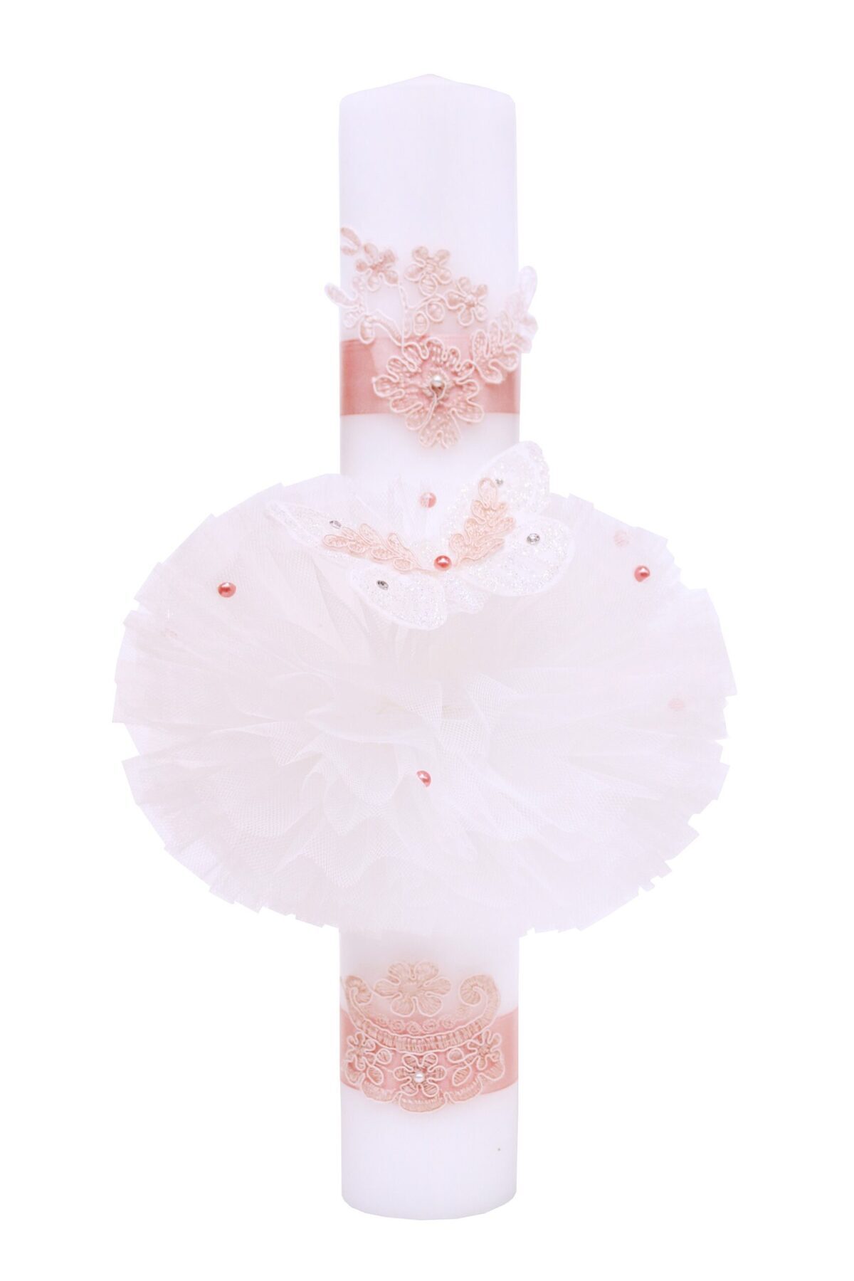 Recostore Lumanare Botez, Cu Fluturi, Tulle Alb Si Somon, 40x6 Cm, Femeie - 0–12 months