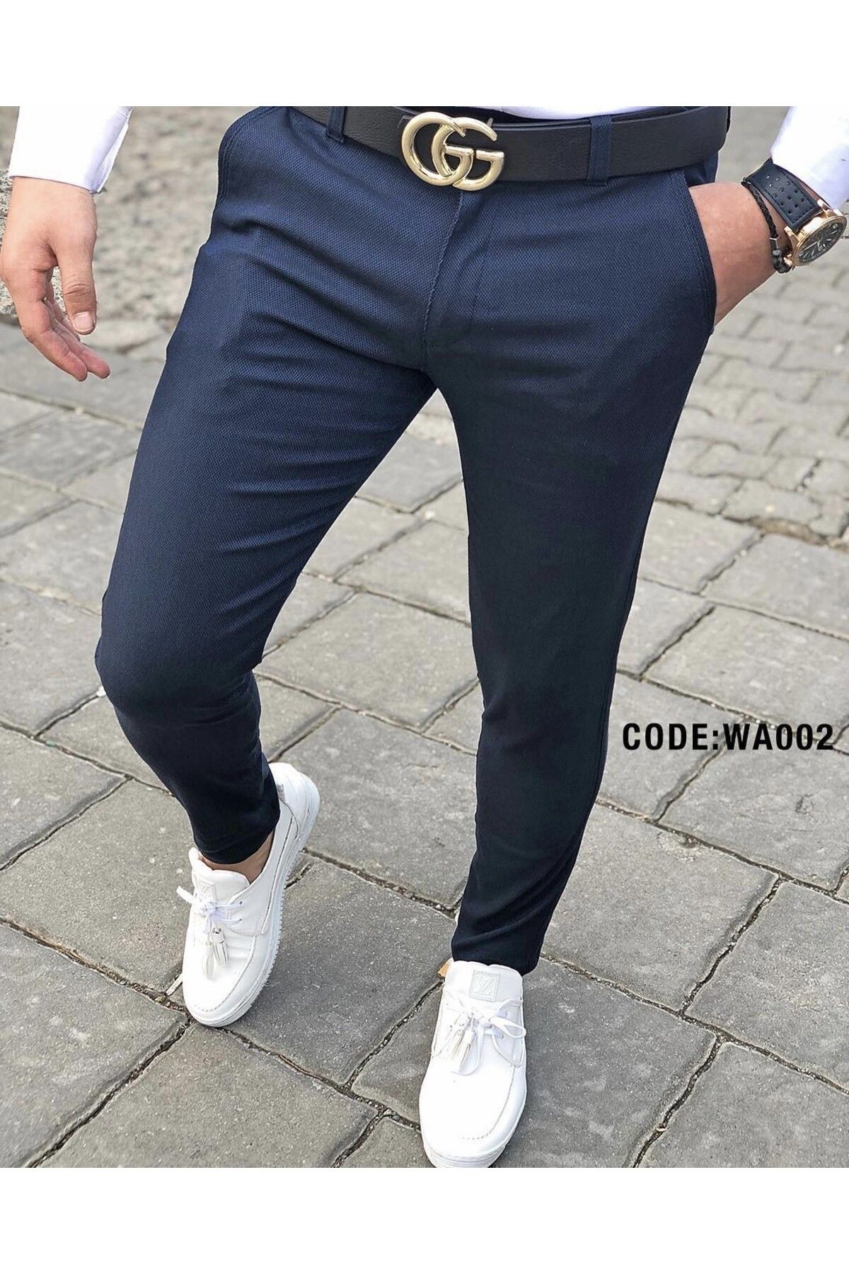 Gussi Erkek Lacivert Renk Slim Fit Kaliteli Esnek Likralı Keten Pantolon