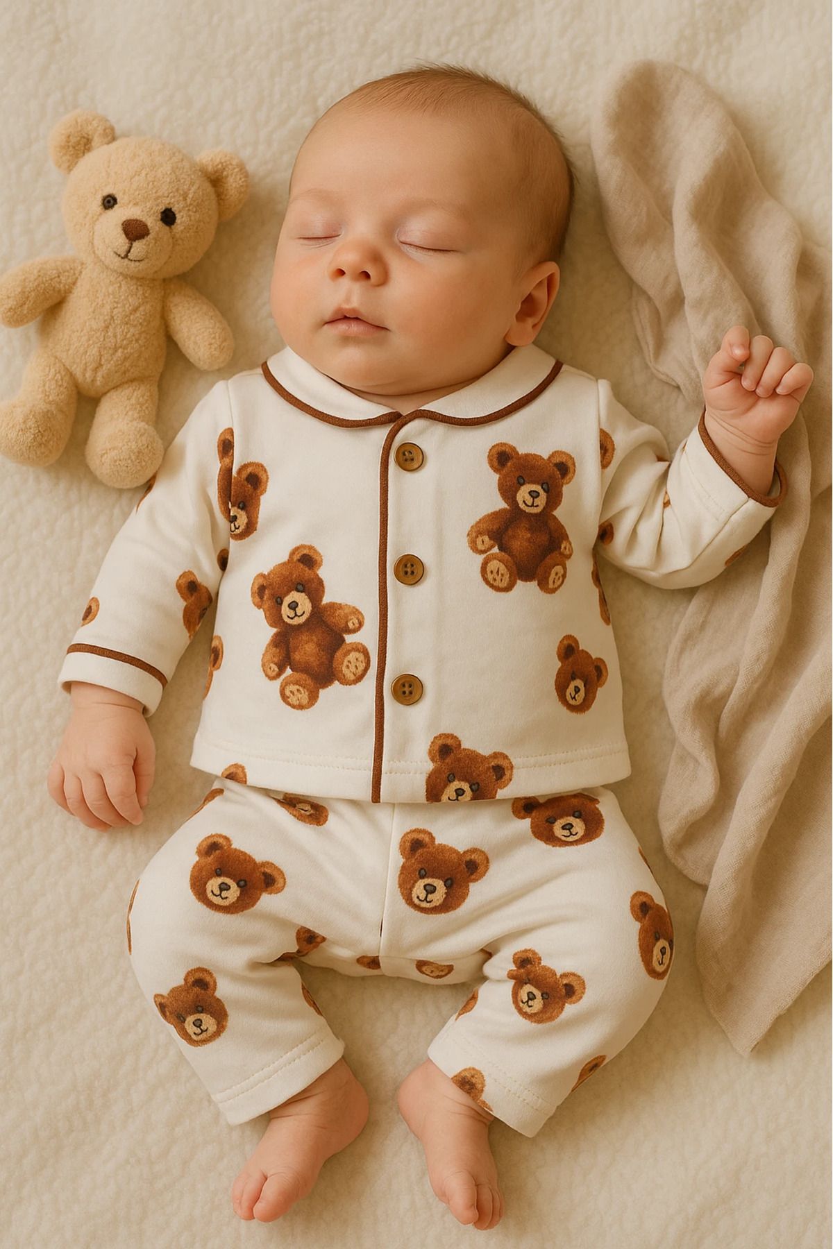 Çıldırıns Unisex Kahverengi Ayıcıklar Baskılı 2’li Bebek Pijama Takım