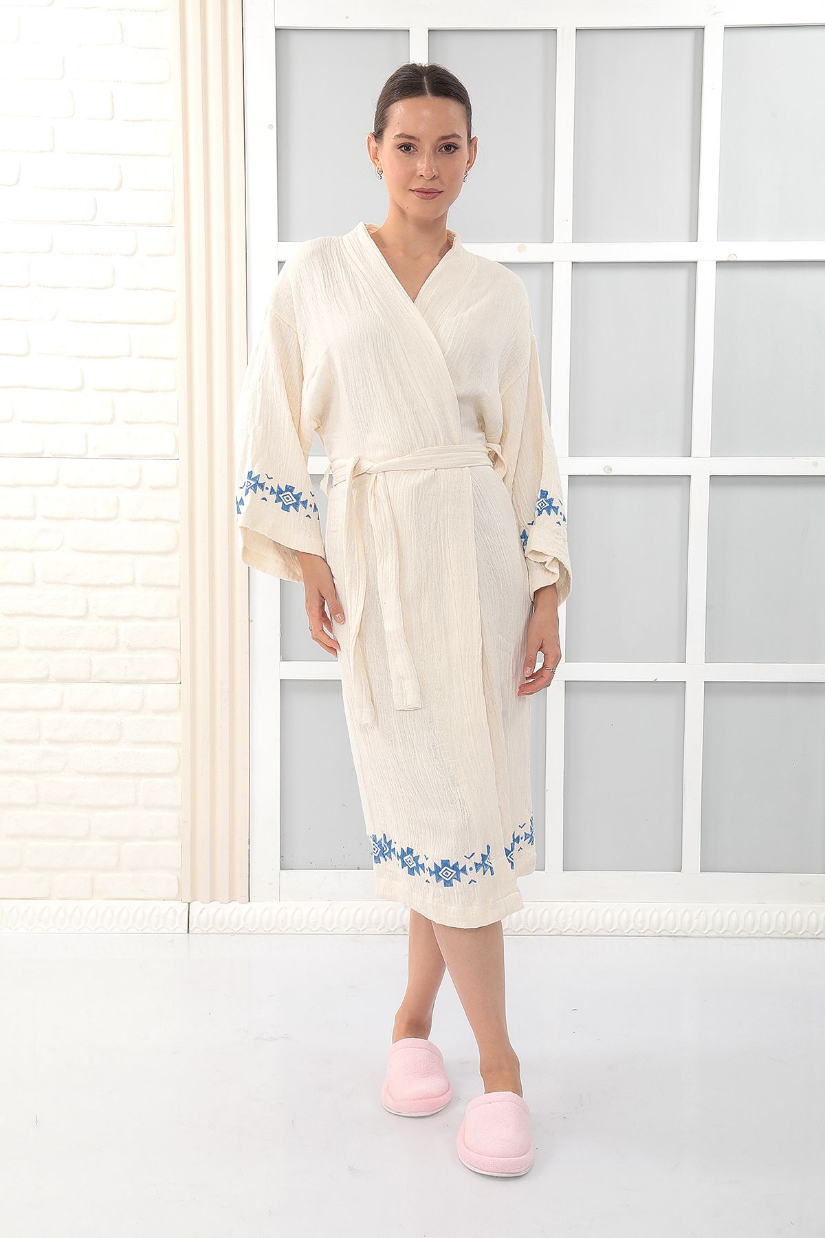 Almir Home %100 Pamuklu Müslin Kimono Yeni Nesil Bornoz Kaftan Sabahlık - El Baskılı