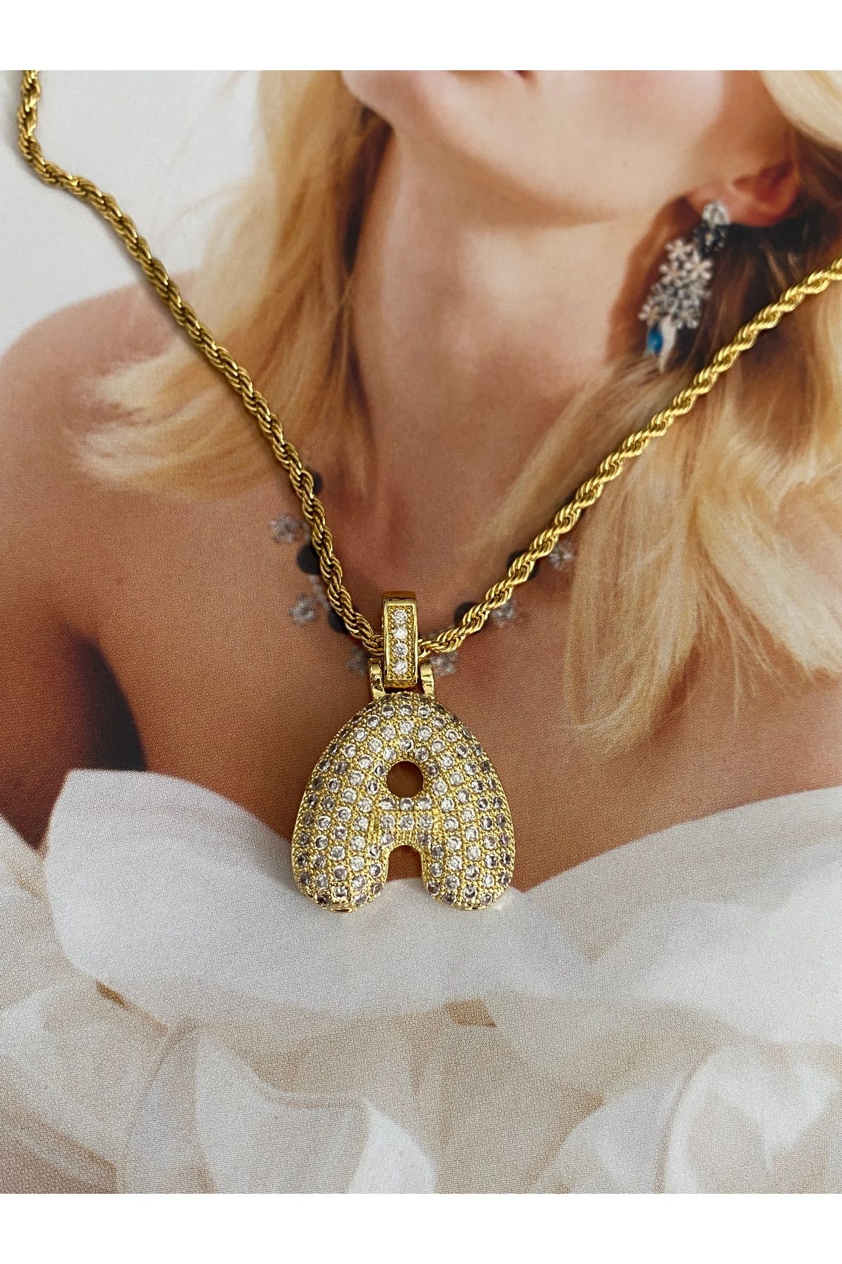 Pinery Jewels Balon Harf Tombul Burgu Zincirli Zirkon Taşlı Kararmaz Paslanmaz Çelik Kadın Kolye