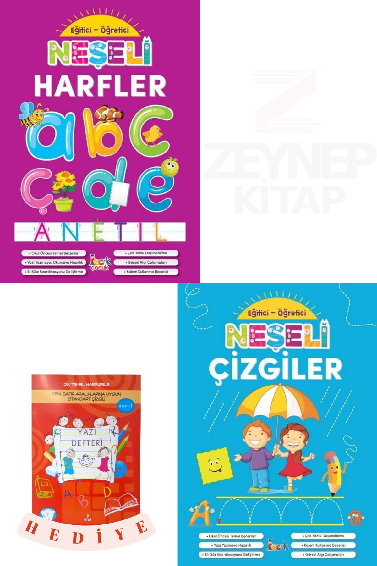 Bıcırık Çocuk Eğitici Öğretici Neşeli Harfler ve Neşeli Çizgiler 2 Kitap Set(BüyükBoy Kırmızı Yazı Defteri Hediye)