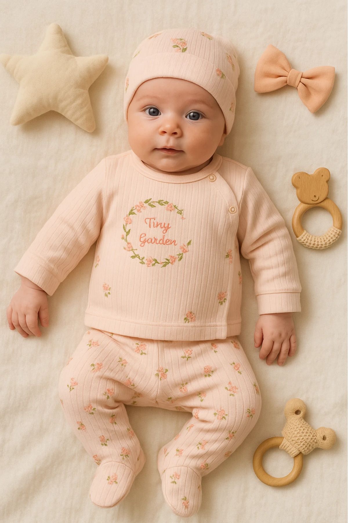 Çıldırıns Tiny Garden Nakışlı Şapkalı 3’lü Bebek Zıbın Takım