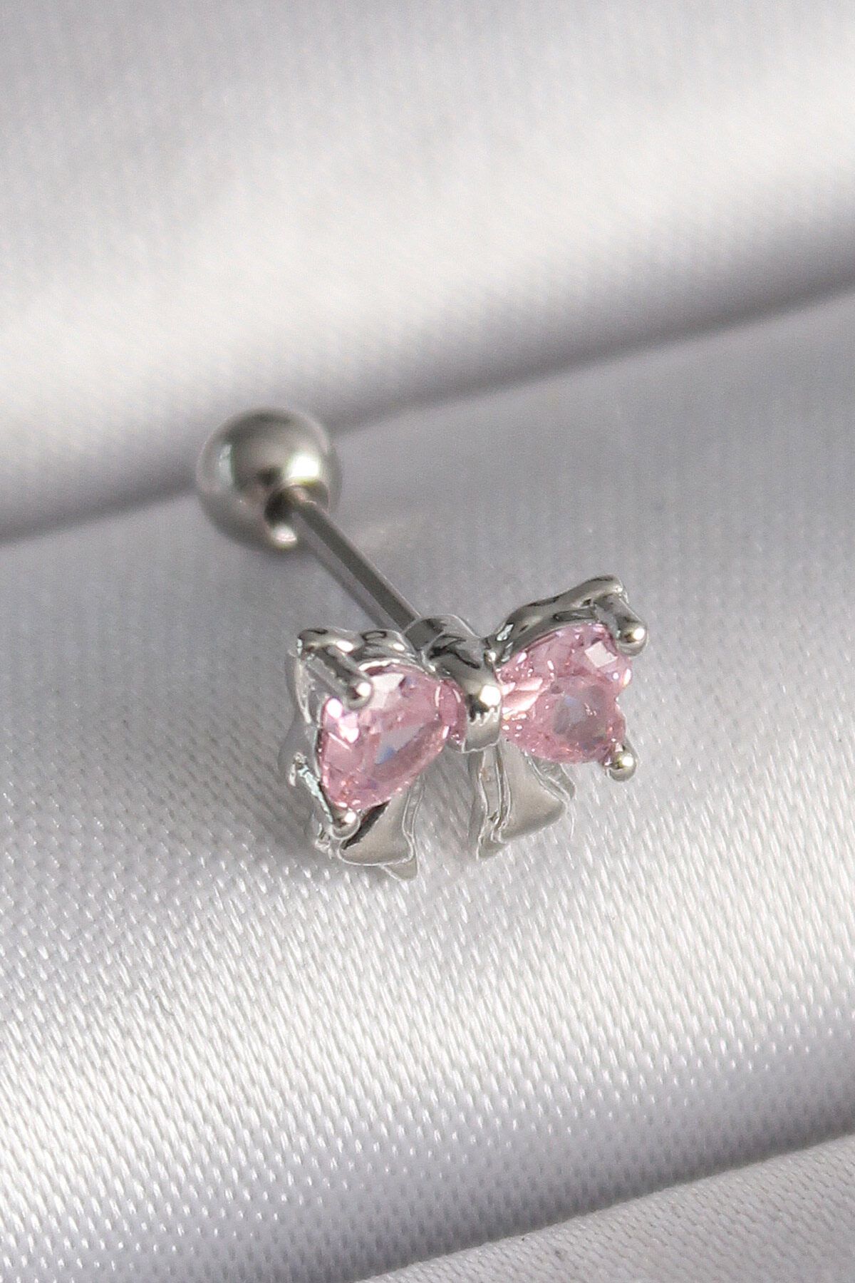 melfxxl eticaret 316L Çelik Gümüş Renk Pembe Zirkon Taşlı Fiyonk Tragus Piercing - Lisinya
