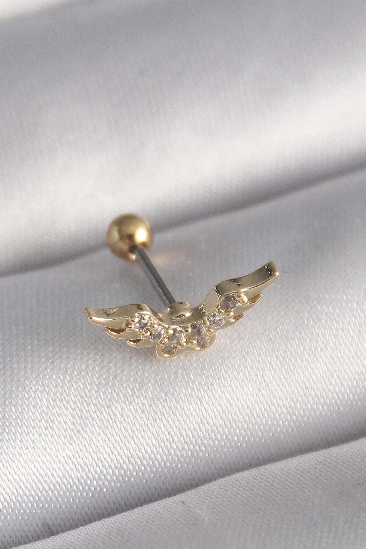 melfxxl eticaret 316L Çelik Gold Renk Zirkon Taş Detay Kanat Model Tragus Piercing - Lisinya