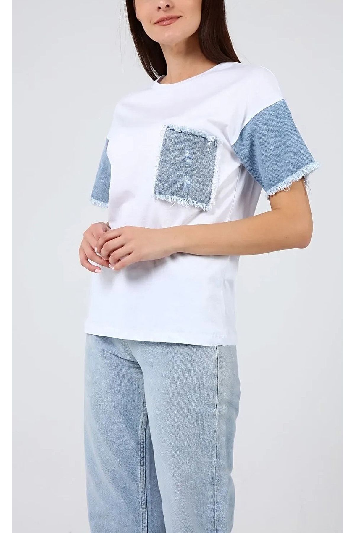 studio fashion 1988 Kadın Beyaz Kot Cepli ve Kot Kollu %100 Pamuk T-Shirt