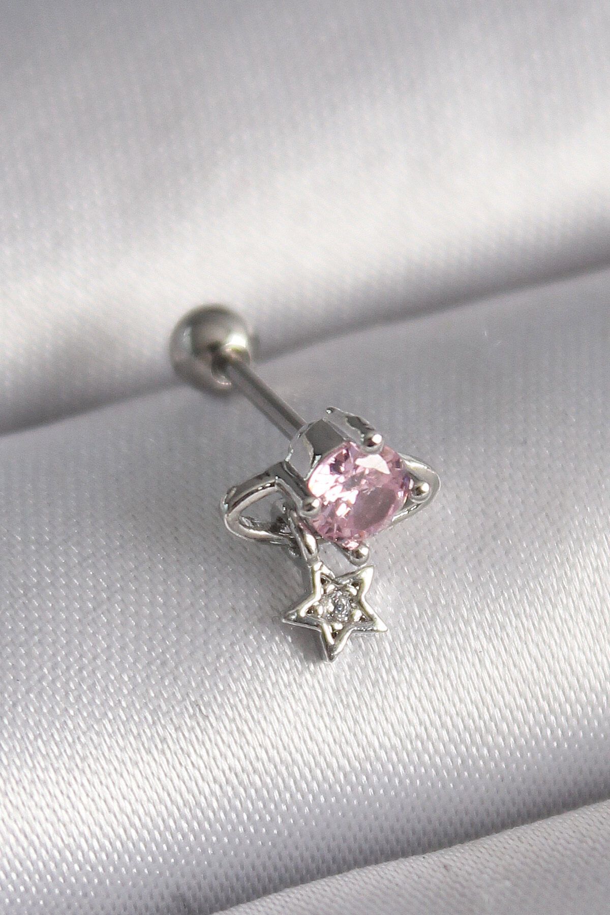 melfxxl eticaret 316L Çelik Gümüş Renk Pembe Zirkon Taşlı Sallantı Yıldız Detay Tragus Piercing - Lisinya