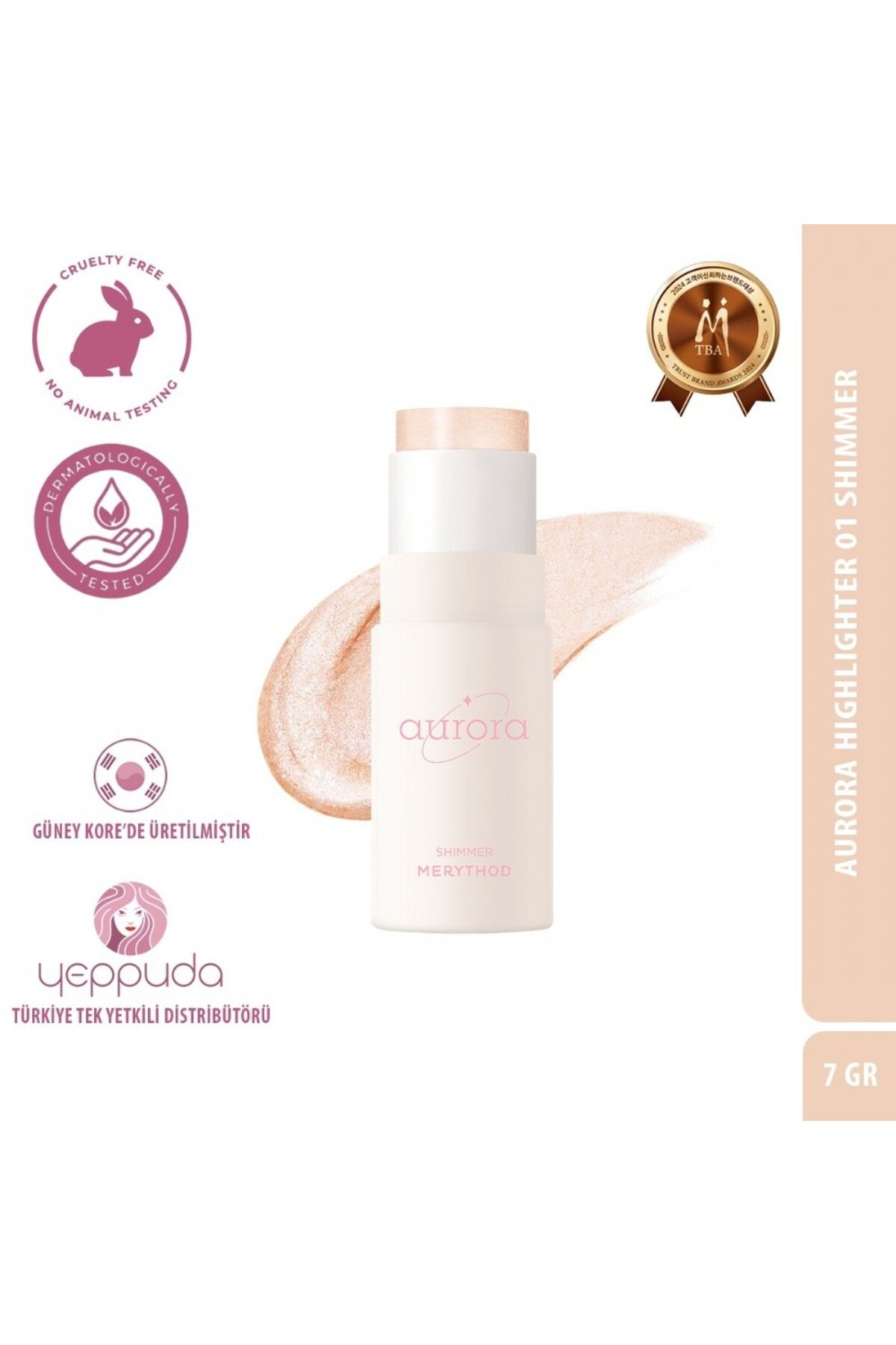 Merythod Doğal Cilt Işıltısı Sağlayan Nemlendirici Etkili Stick Aurora Highlighter 01 Shimmer