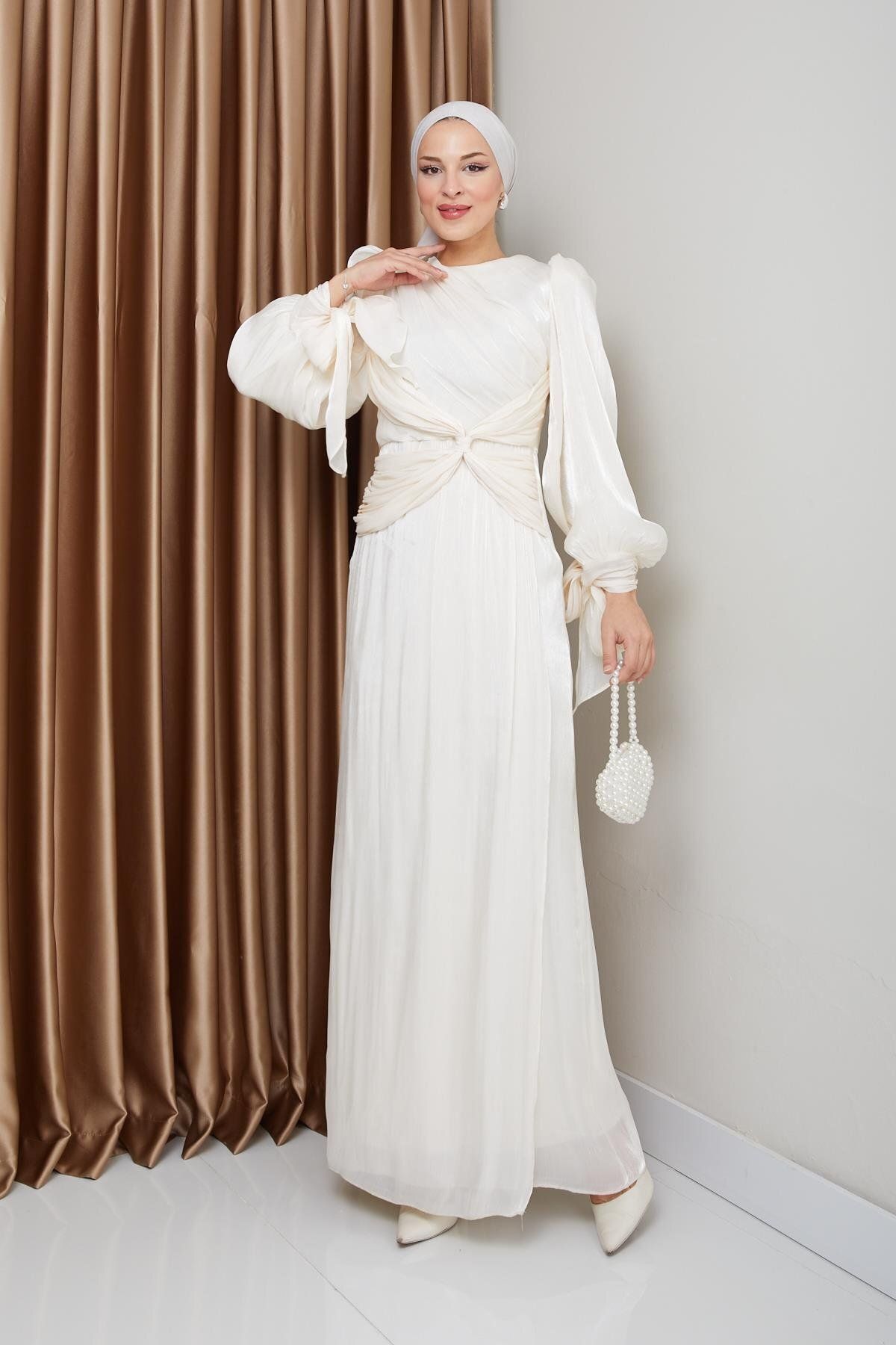 Olcay-Yoryo Seiden-Hijab-Abendkleid – Volant, Schleife und Ärmel, Schnürung, EKRU 1224 4