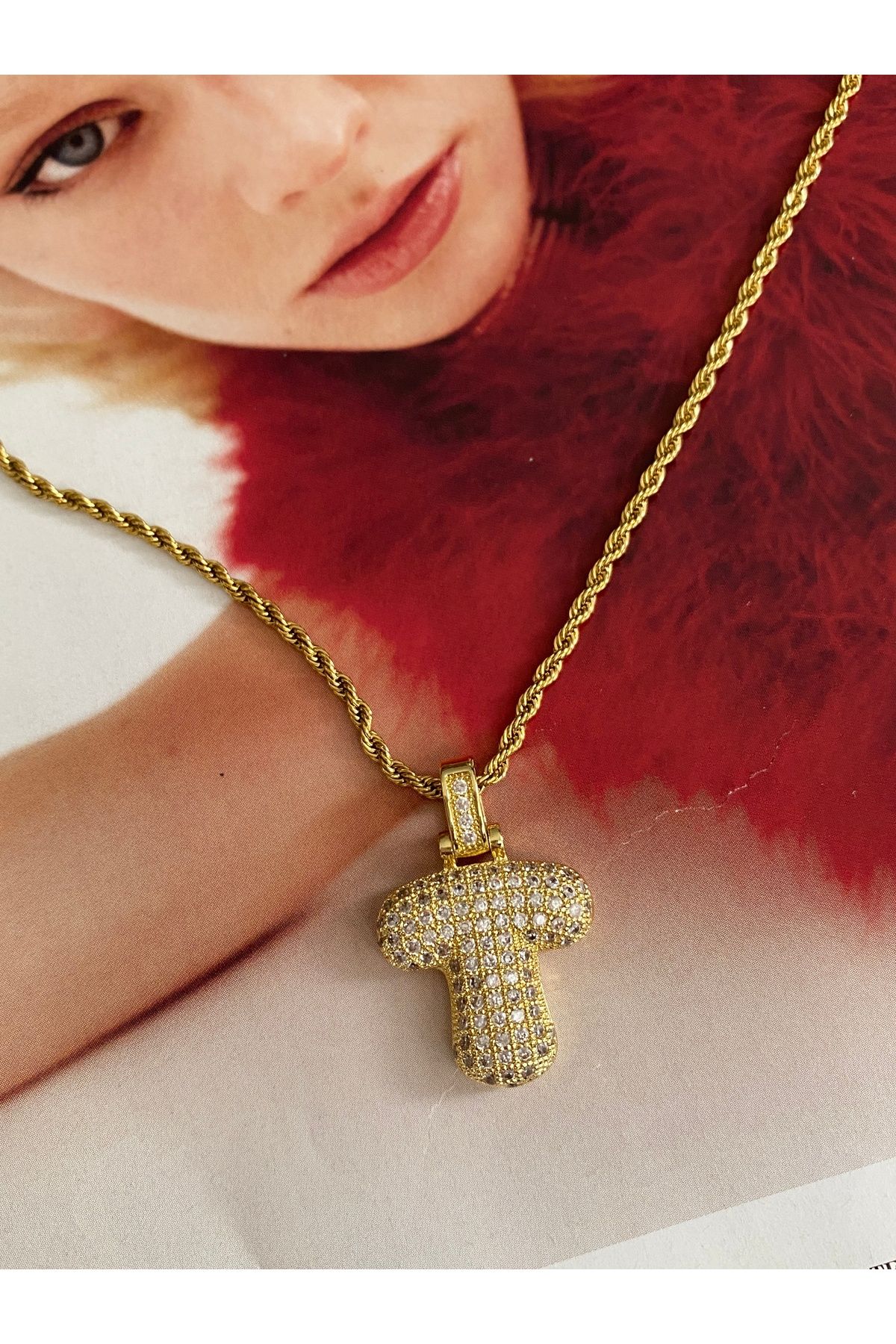 Pinery Jewels Balon Harf Tombul Burgu Zincirli Zirkon Taşlı Kararmaz Paslanmaz Çelik Kadın Kolye