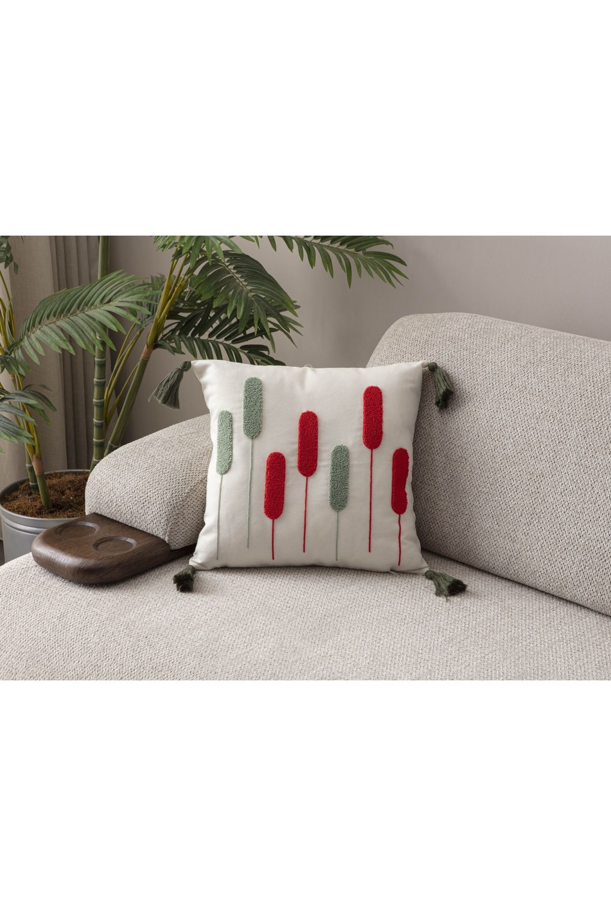 WoodyMaison Buğday Desenli 4'Adet Kırlent Kılıfı Punch Comfort Panç Yastık Kılıfı, Püsküllü 43x43cm