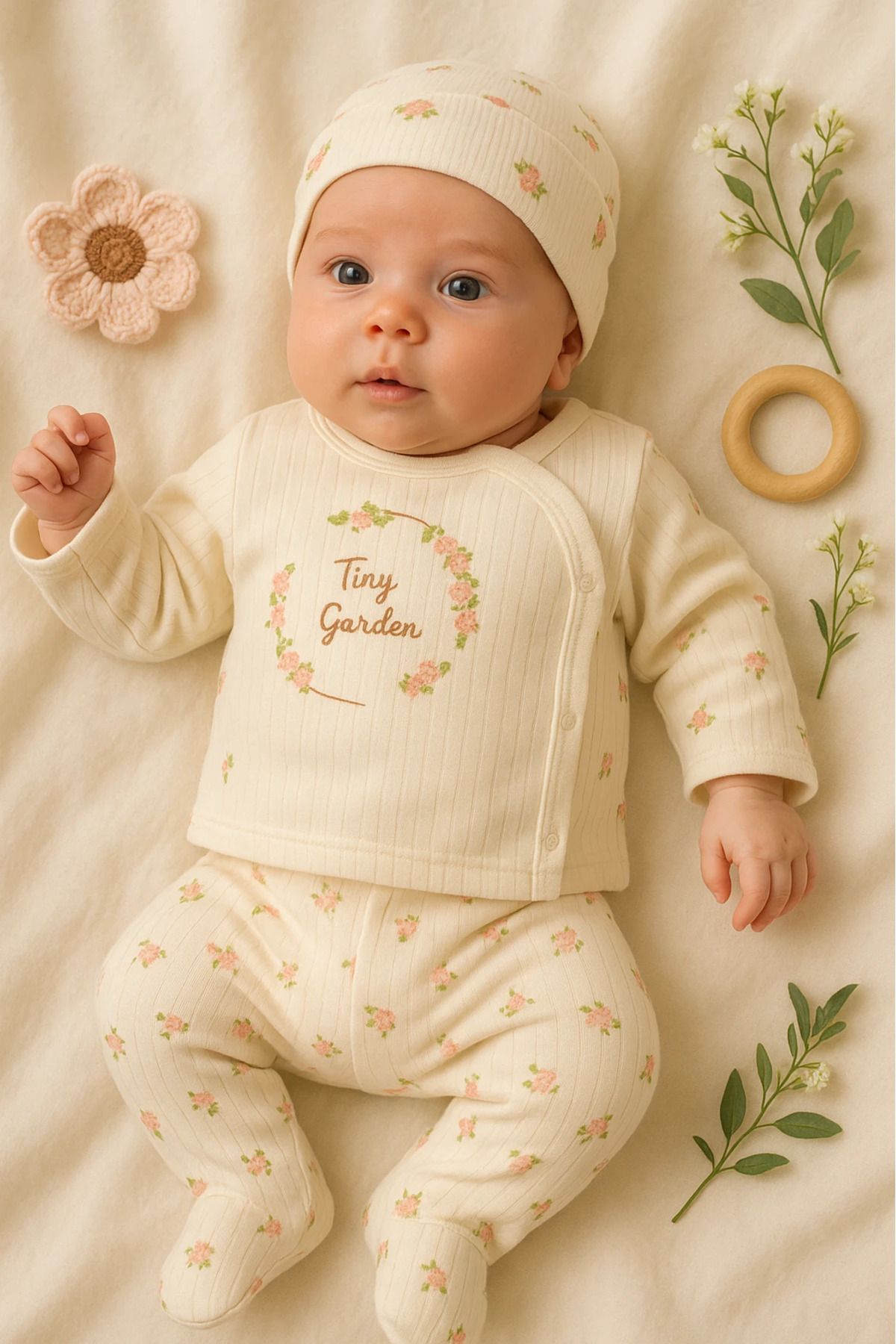 Çıldırıns Tiny Garden Nakışlı Şapkalı 3’lü Bebek Zıbın Takım