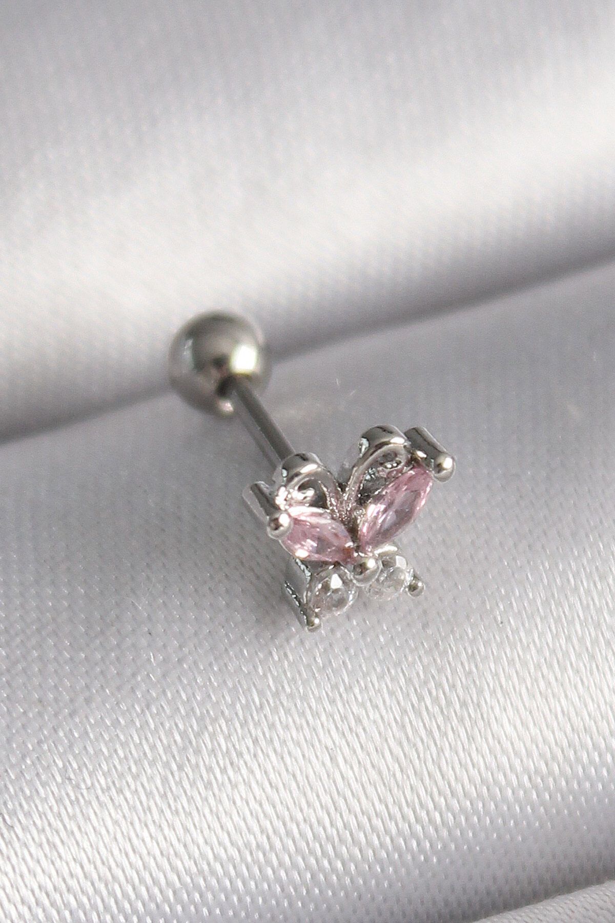 melfxxl eticaret 316L Çelik Gümüş Renk Pembe Zirkon Taşlı Kelebek Tragus Piercing - Lisinya