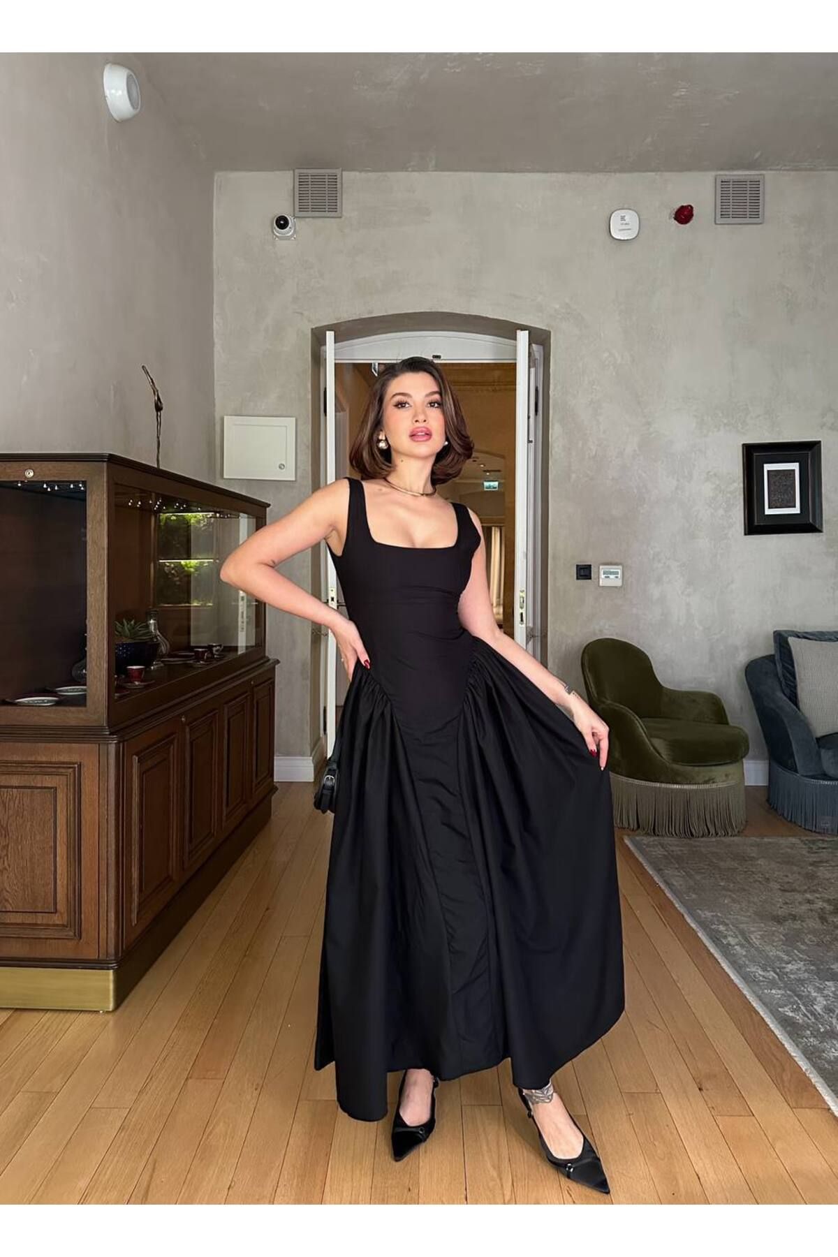 VİSKALİ Kalın Askılı Kuşaklı Maxi Poplin Elbise