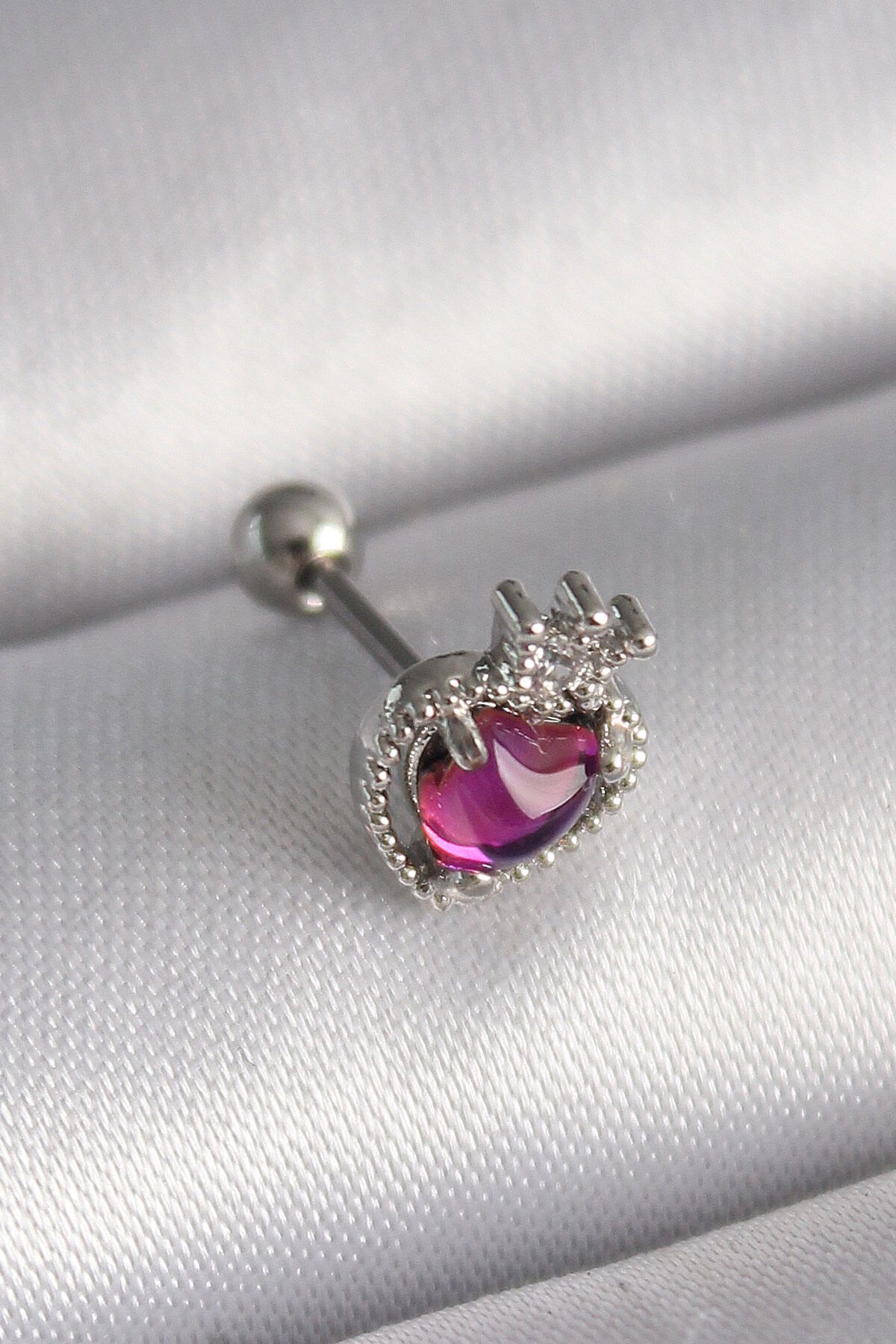 melfxxl eticaret 316L Çelik Gümüş Renk Pembe Mineli Kalp Zirkon Taş Detaylı Taç Tragus Piercing - Lisinya