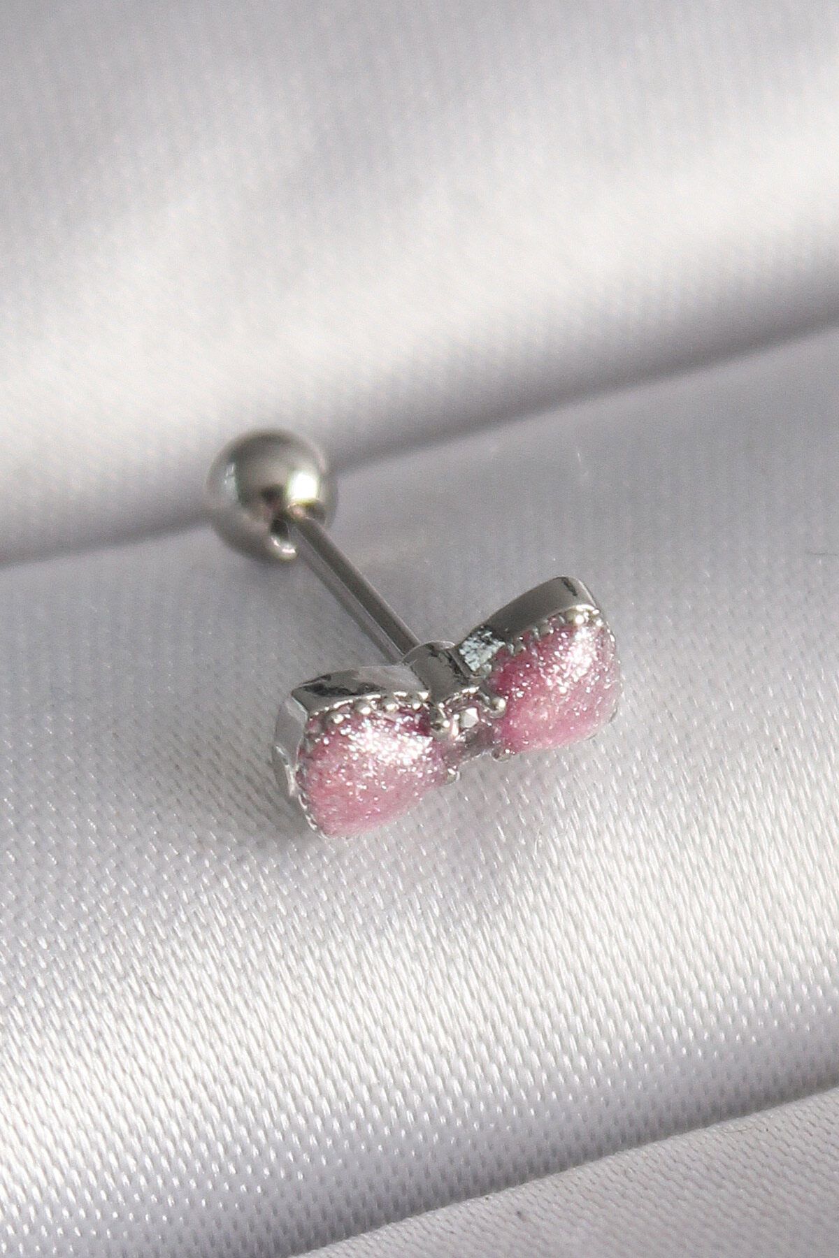 melfxxl eticaret 316L Çelik Gümüş Renk Pembe Kurdele Zirkon Taş Detay Tragus Piercing - Lisinya