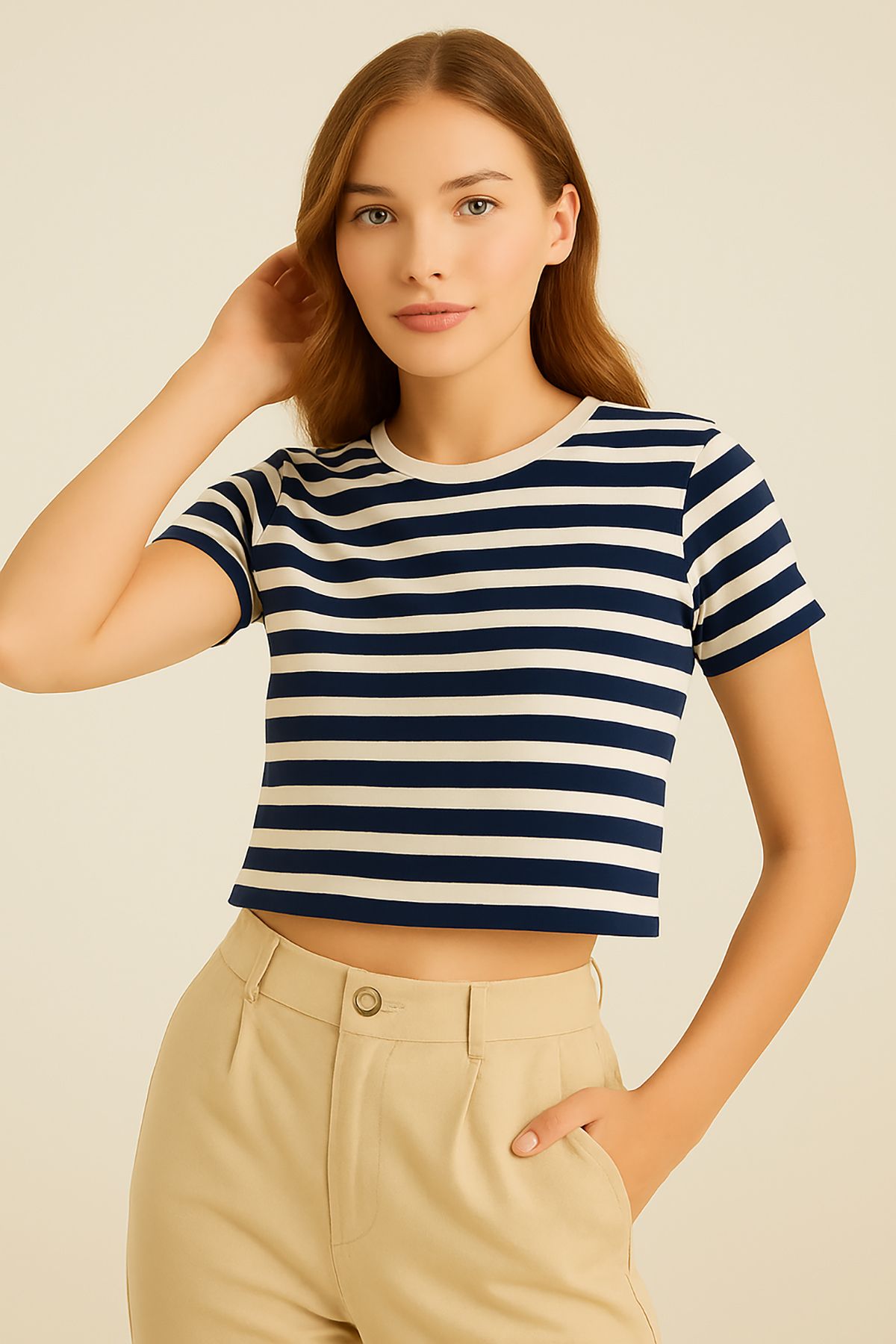 Giyim Dünyası Kadın Çizgili Crop Tshirt Lacivert