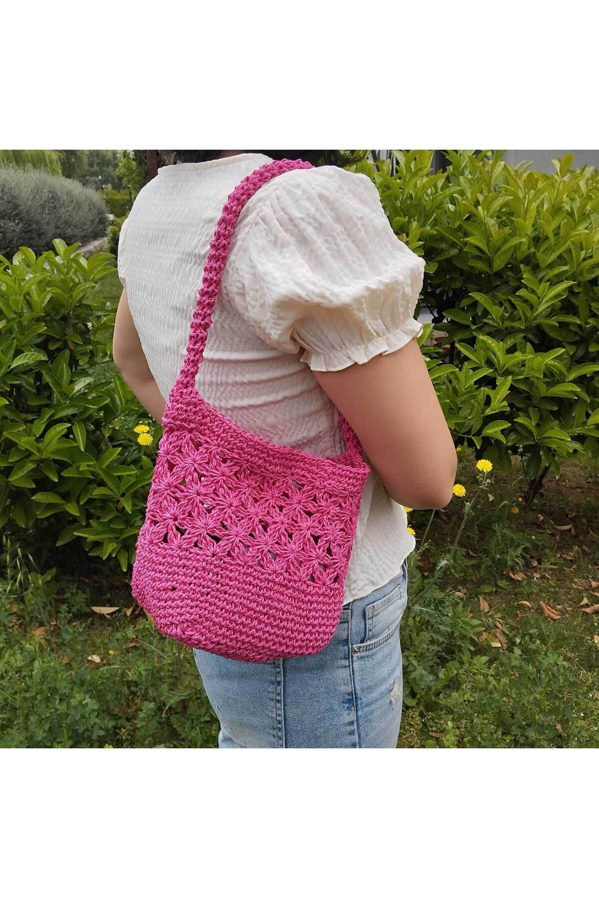 yaso shop Pembe Çiçek Örgülü Hasır Omuz Çantası El Örgüsü Kağıt Rafya İp