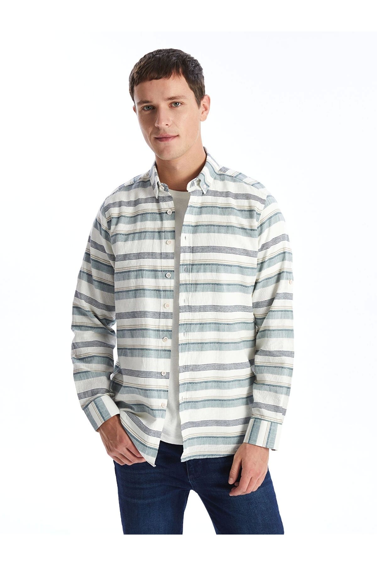 LC Waikiki LCWAIKIKI Classic Yeşil Regular Fit Uzun Kollu Çizgili Poplin Erkek Gömlek