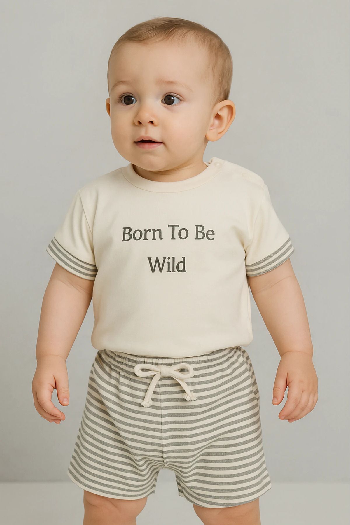 BEBEYOGİ Bebek Takım Bron To Be Wild Baskılı Çizgi Detaylı 2-6 Yaş bej