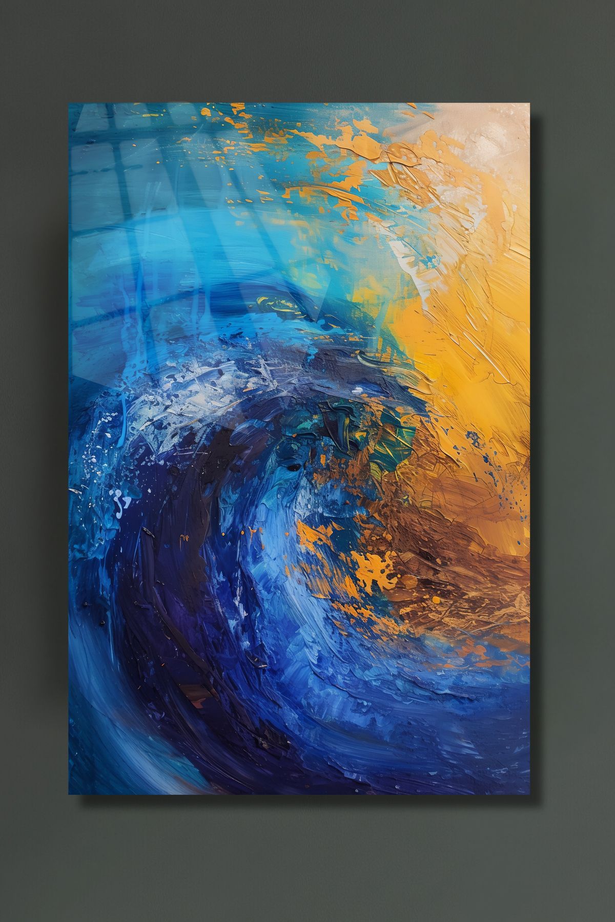 glassartdesign Okyanus Mavisi Turuncu Desen Soyut Sanat Cam Tablo