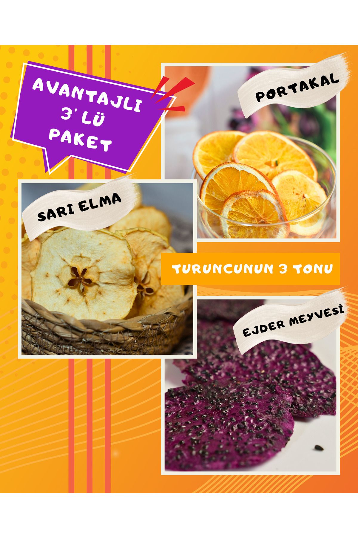 same food Portakal Sarı Elma Ejder Meyvesi 3'lü Kurutulmuş Meyve Paketi - Katkısız, Şekersiz