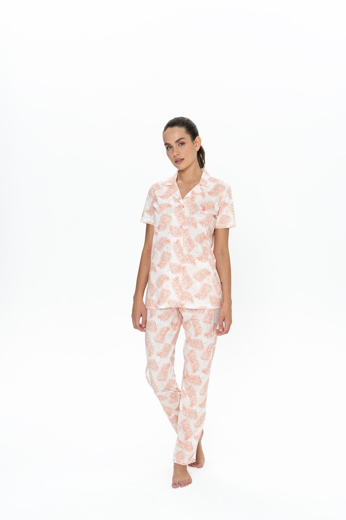 U.S. Polo Assn. U.S. Polo Assn. Kadın Somon Yapraklı Boydan Patlı Pijama Takımı - BNLLY20E08F7G