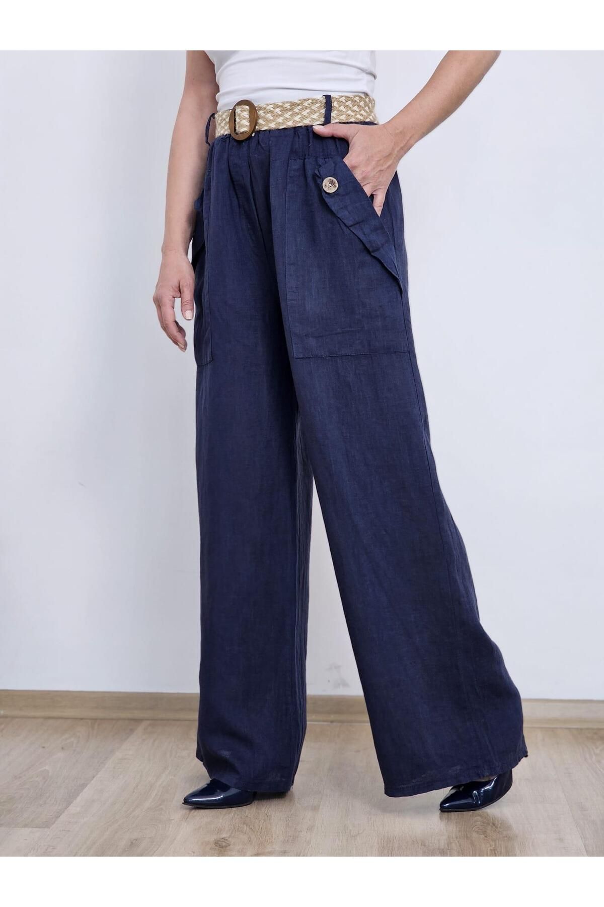 Felix Butik FELİX13627 Kemerli Cepli İthal Keten Lacivert Bol Paça Pantolon