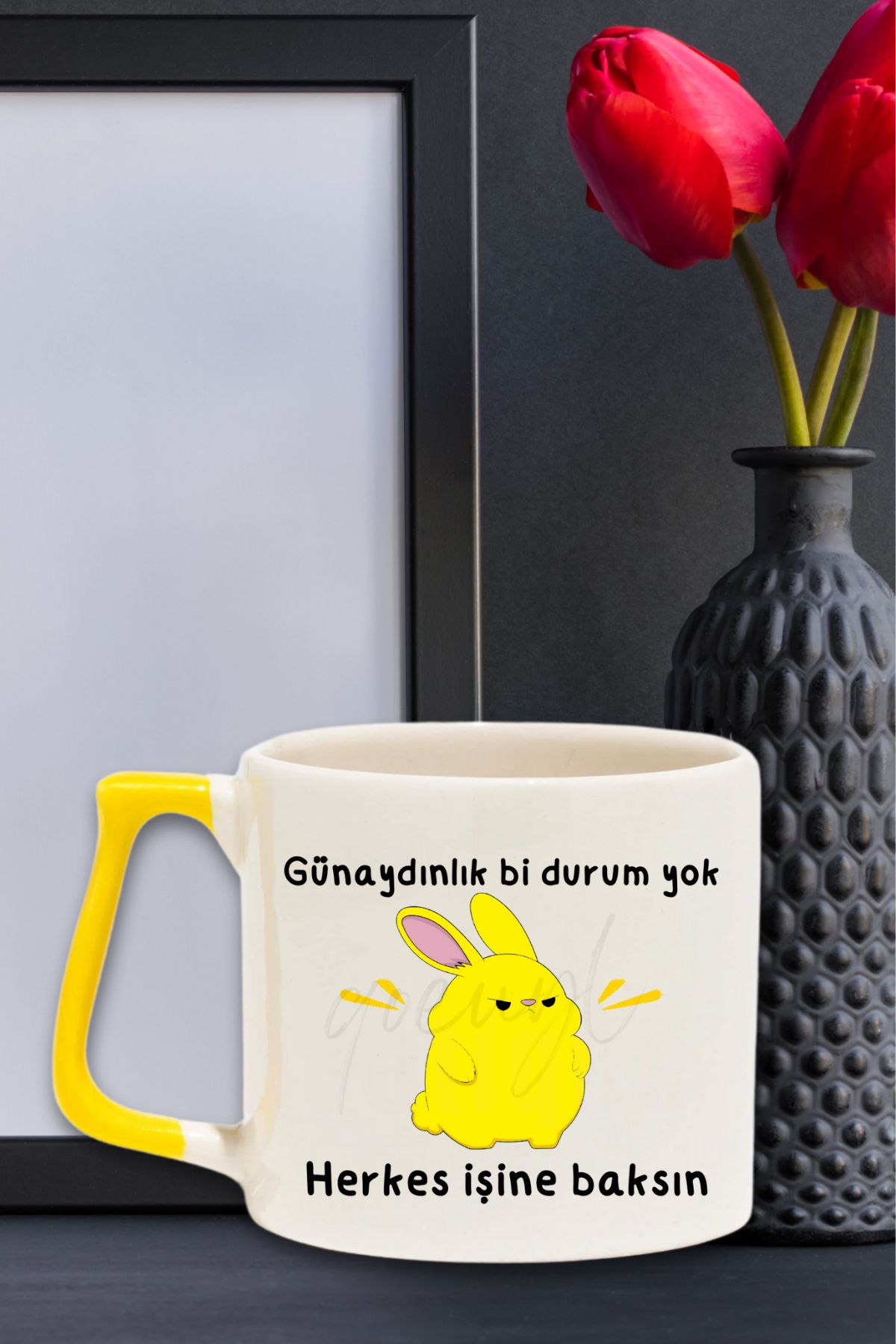 qoeuyl boutique Günaydınlık Bi Durum Yok Herkes İşine Baksın Baskılı Eğlenceli Renkli Kulplu Modern Seramik Kupa