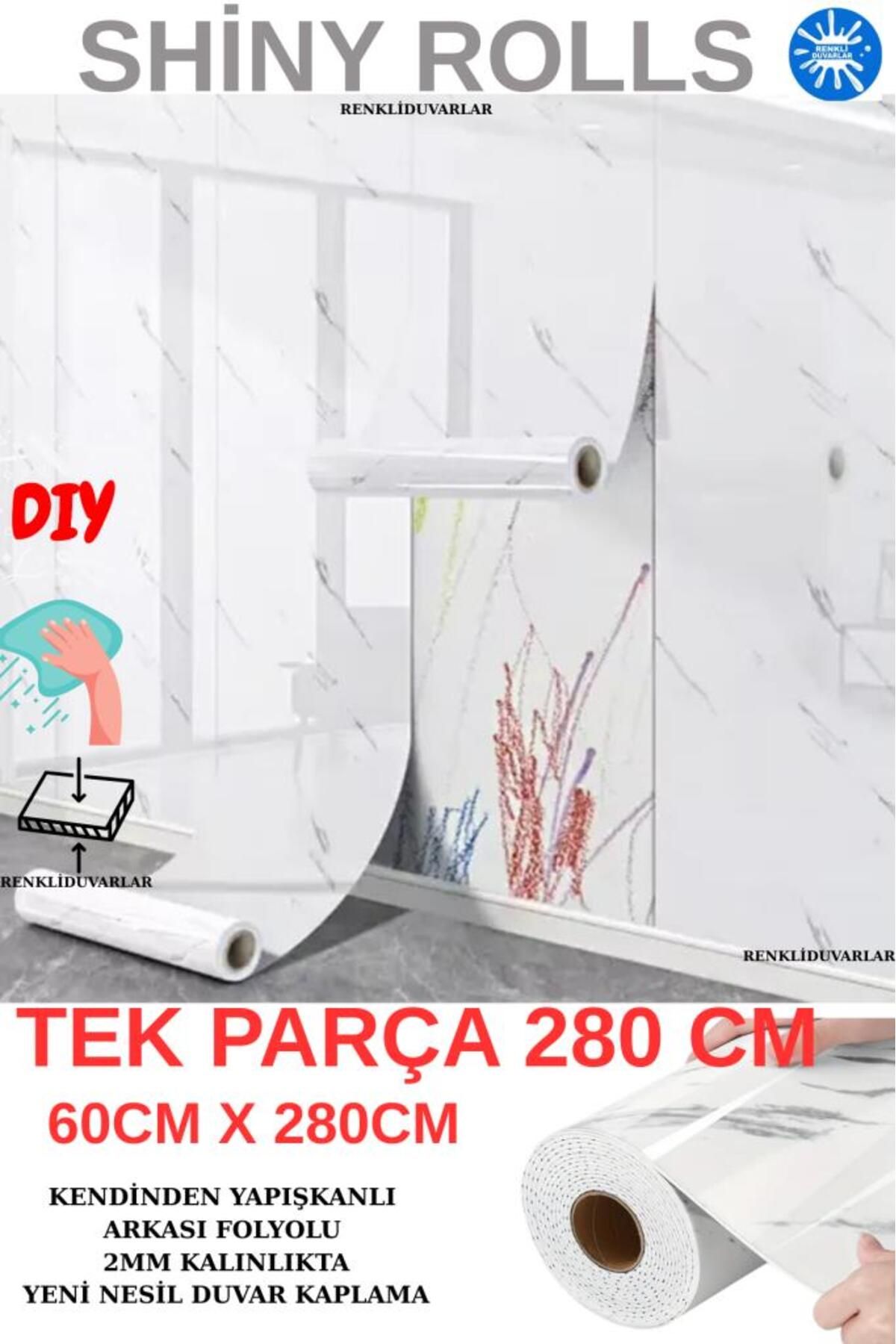 Renkli Duvarlar 60cm x 280cm Tek Parça Rulo Shiny Beyaz Mermer Desenli Banvo Salon Wc Yapışkanlı Duvar Paneli Kağıdı