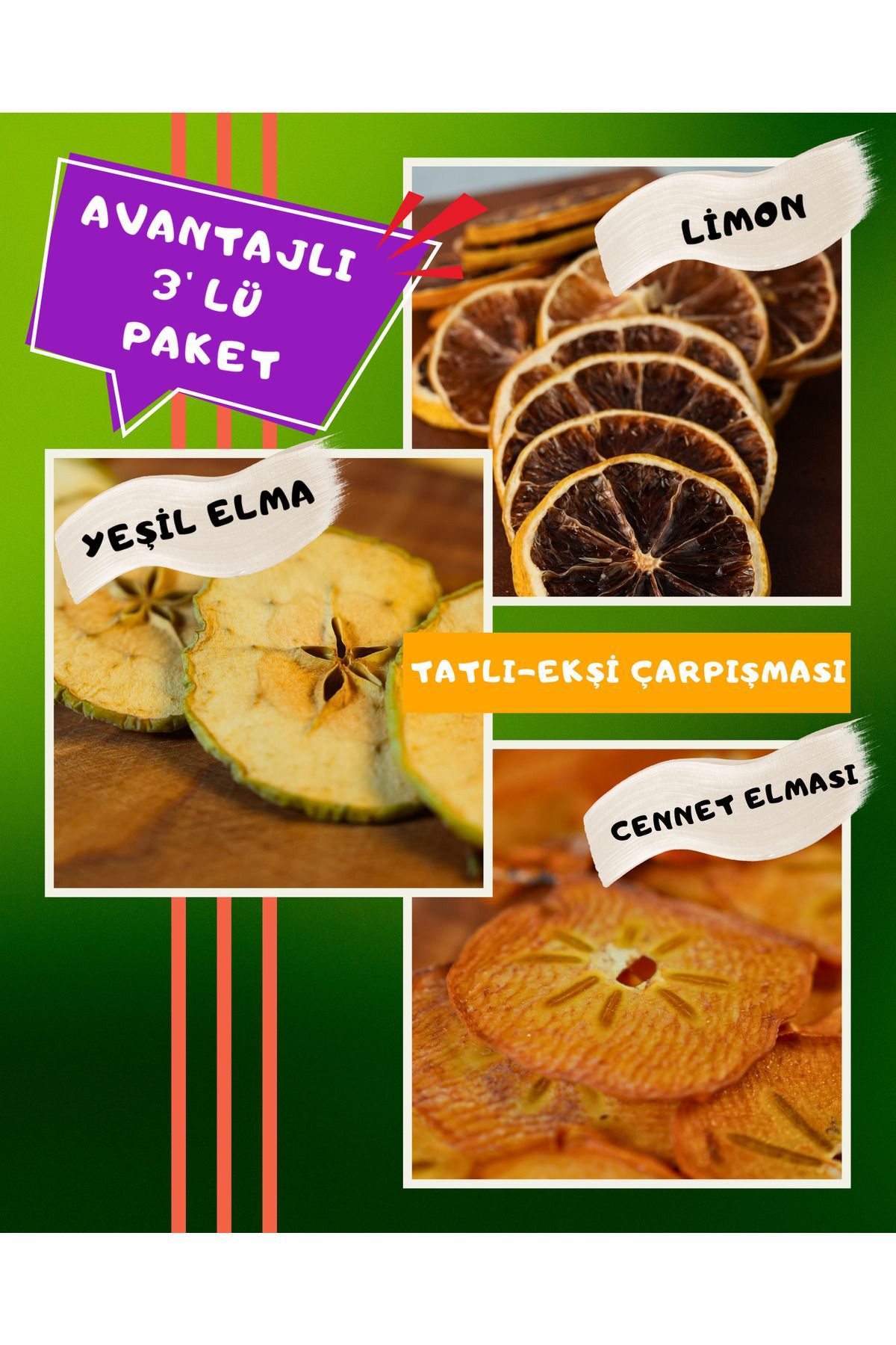 same food Limon Yeşil Elma Cennet Elması 3'lü Kurutulmuş Meyve Paketi - Katkısız, Şekersiz