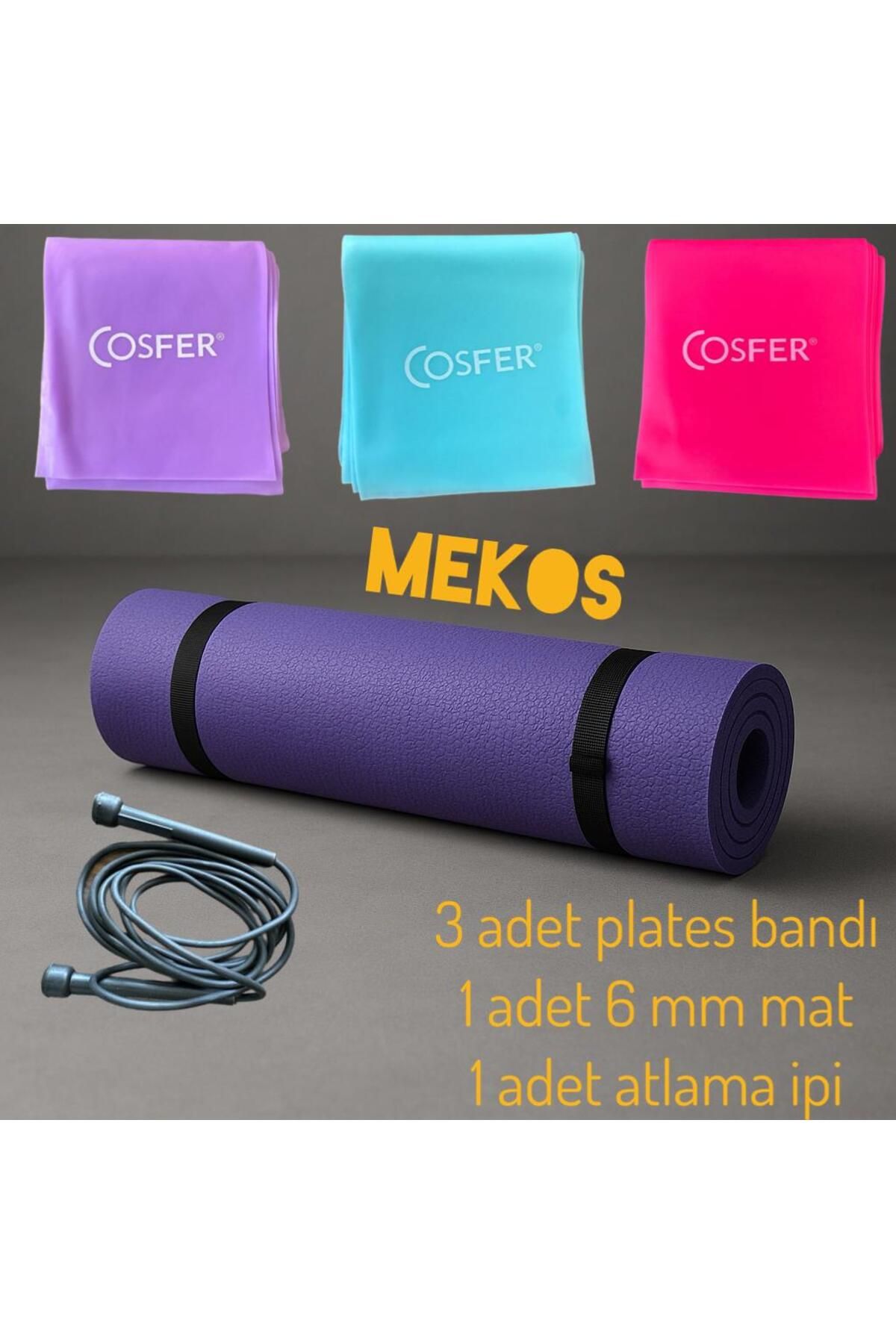 MEKOS Premium PİLATES SETİ 5'li Set 1 adet 6mm Plates Yoga Minderi Matı- 3 adet Plates Bandı ve Atlama ipi