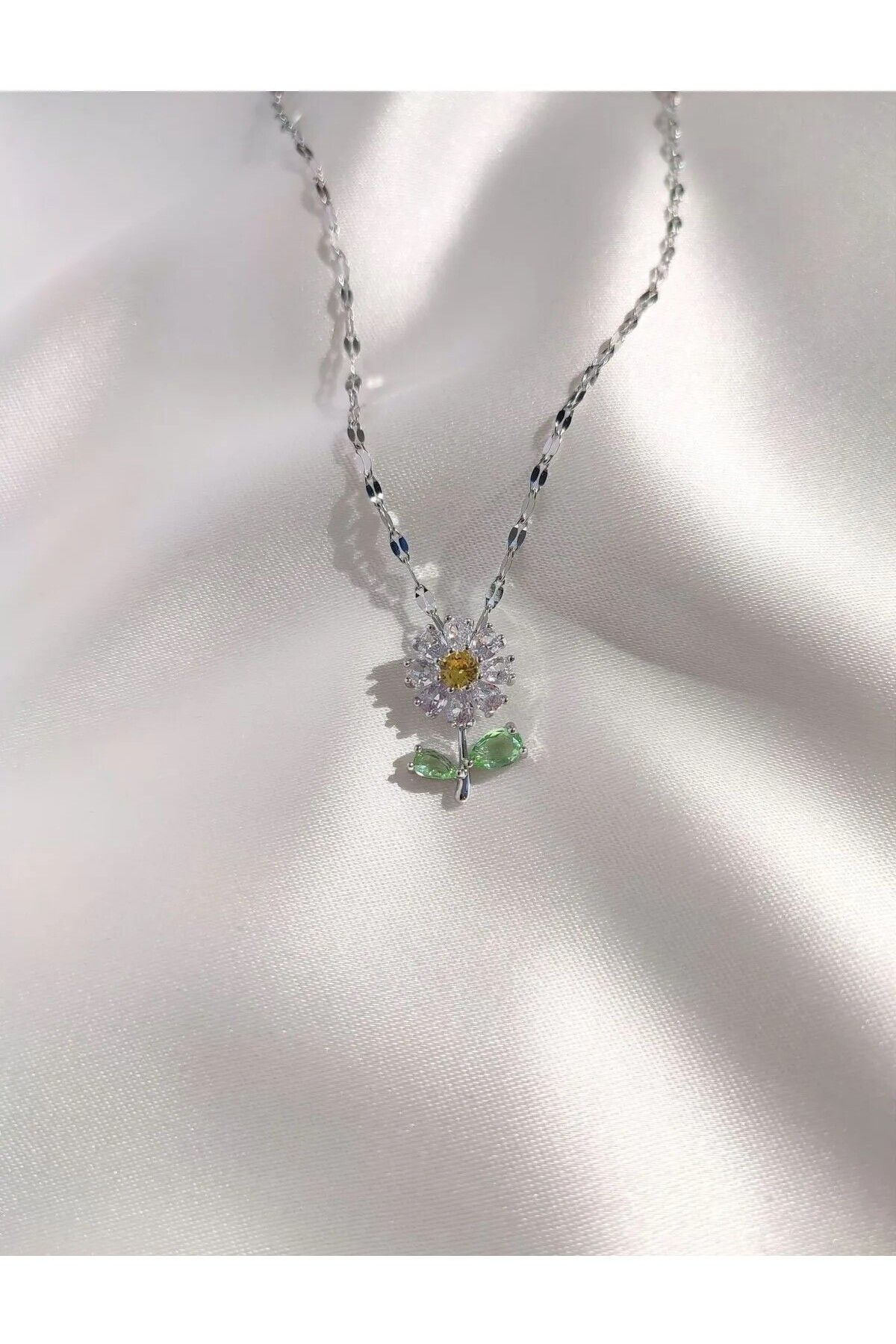 HEYjewelry Kadın 316l Paslanmaz Çelik Gümüş/ Gold Zirkon Taşlı Işıltılı Papatya Kolye