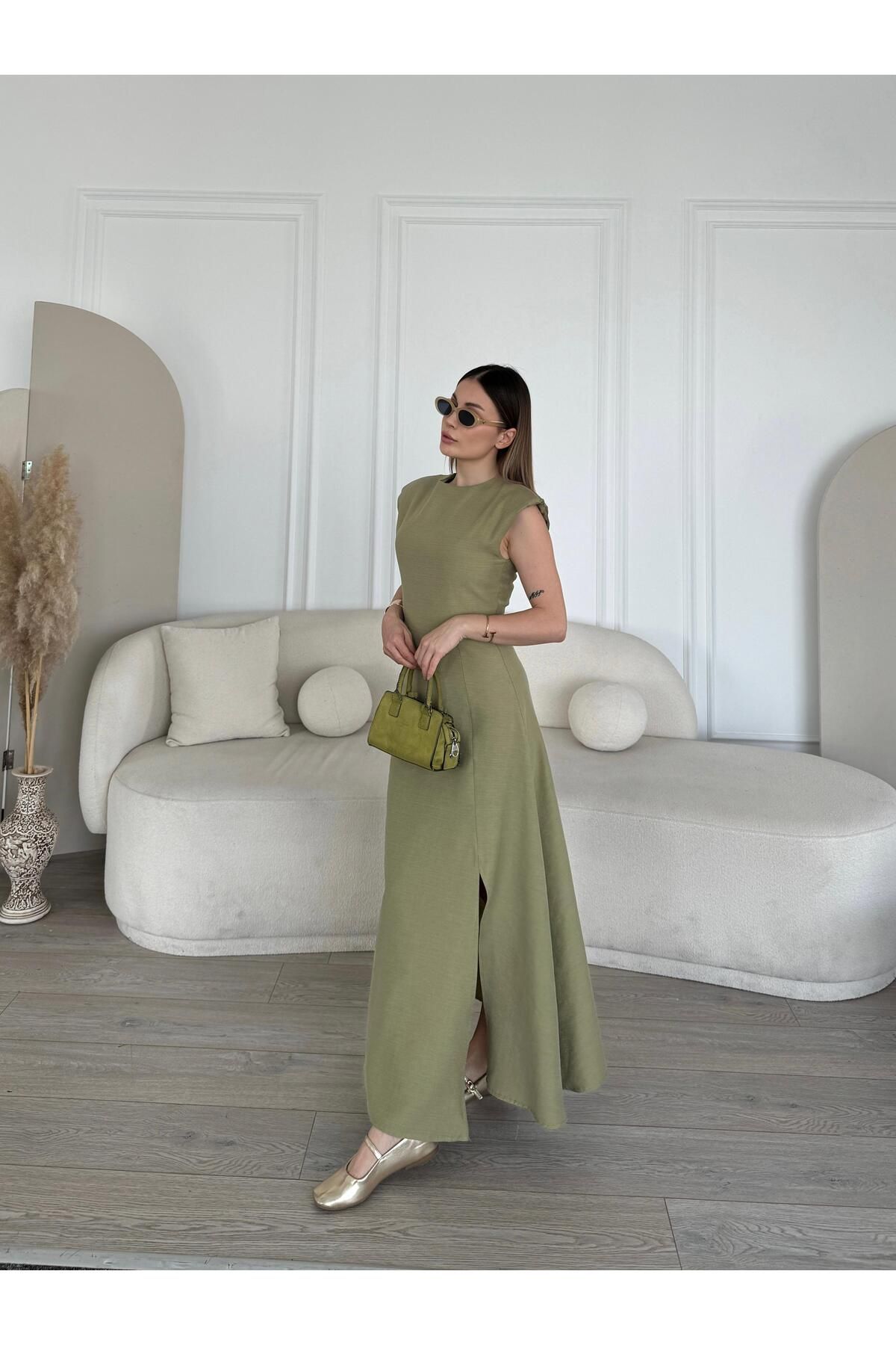 FMN Moda marka muadil yazlık geniş midi etel bele oturan uzun yırtmaç detay vatkalı pinterest model elbise