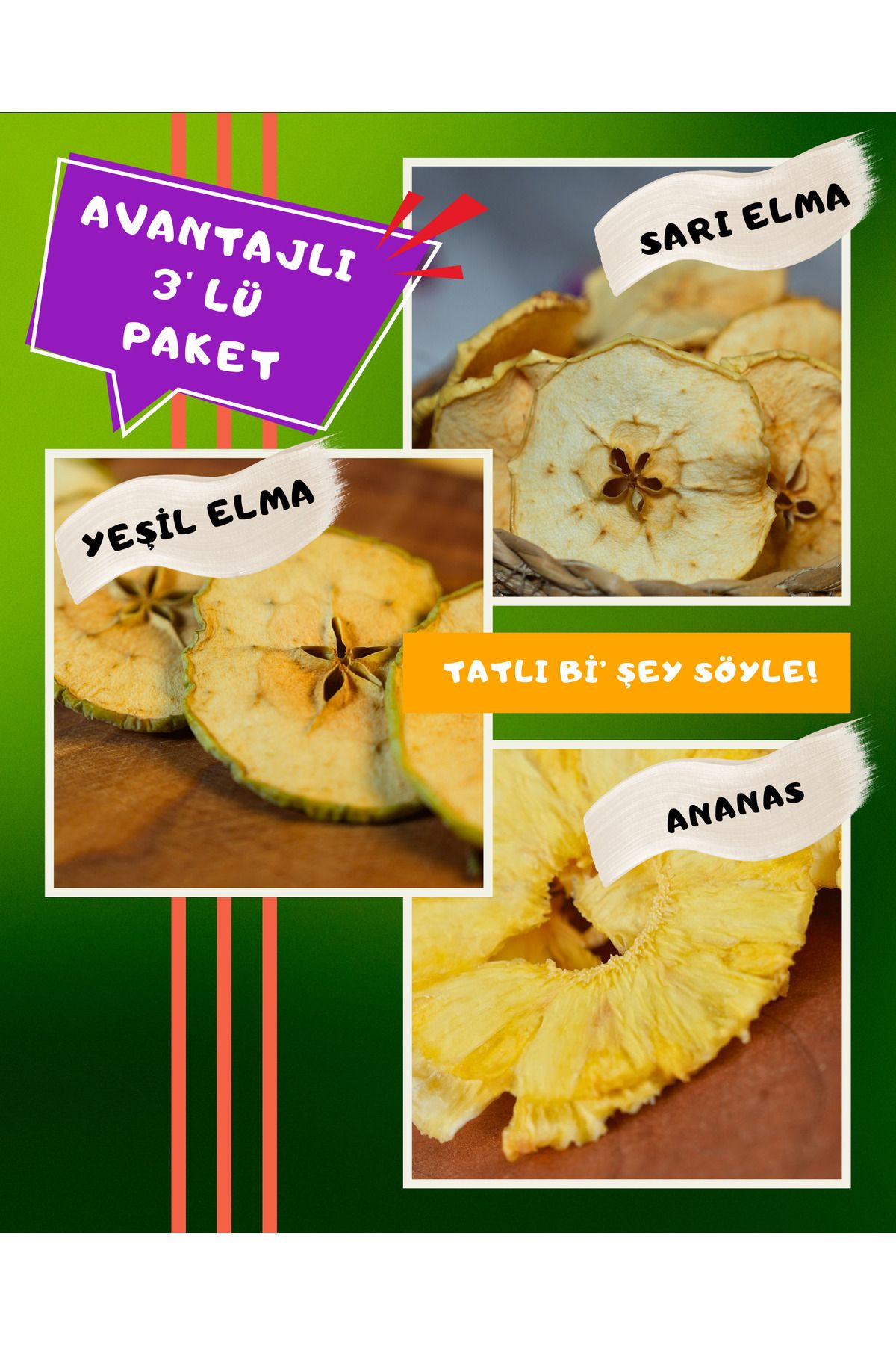 same food Ananas Sarı Elma Yeşil Elma 3'lü Kurutulmuş Meyve Paketi - Katkısız, Şekersiz