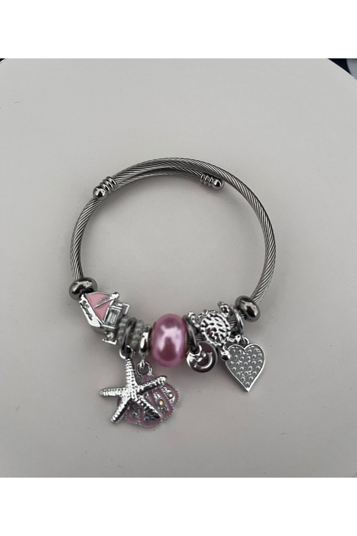stainles steel Zirkon Taşlı Pembe Boncuklu Bileklik