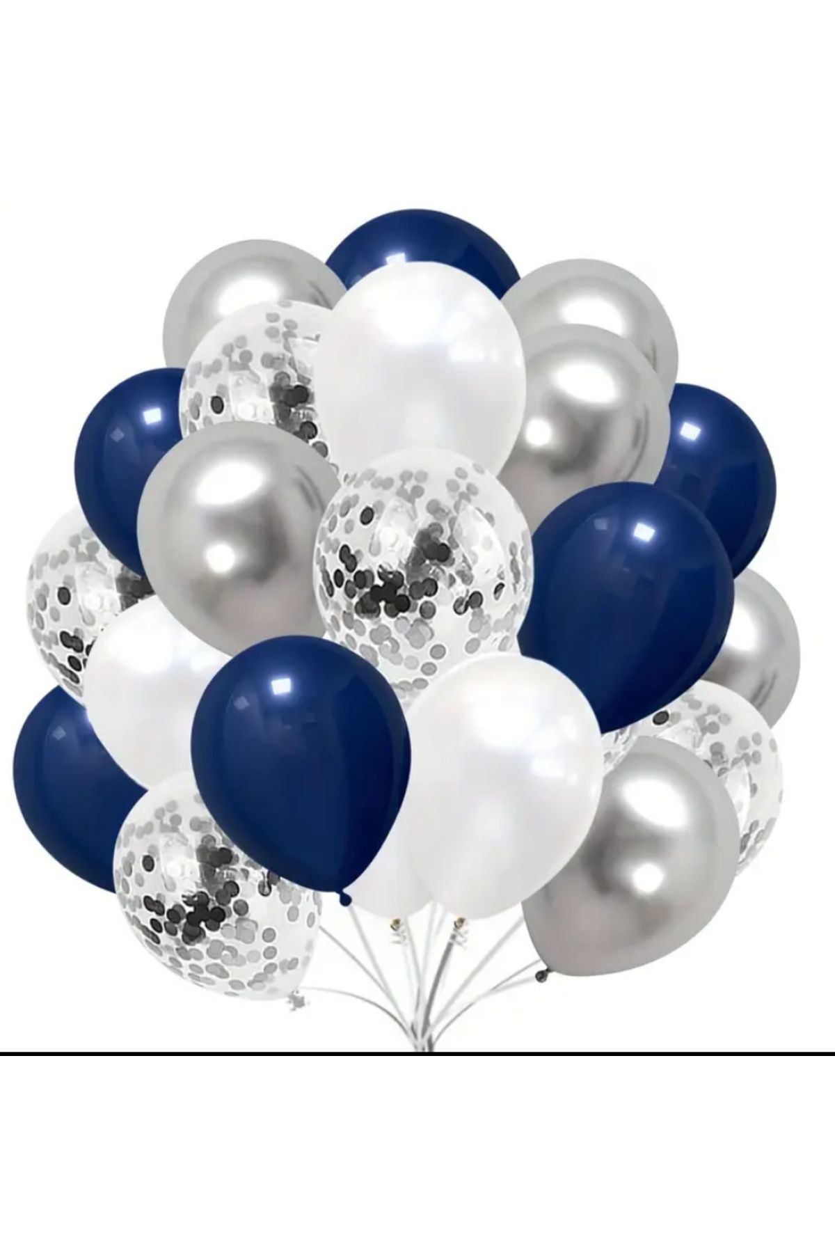 Çemrek Süs Parti Lacivert Beyaz Gümüş Şeffaf Pullu Balon Demeti Seti 25 li