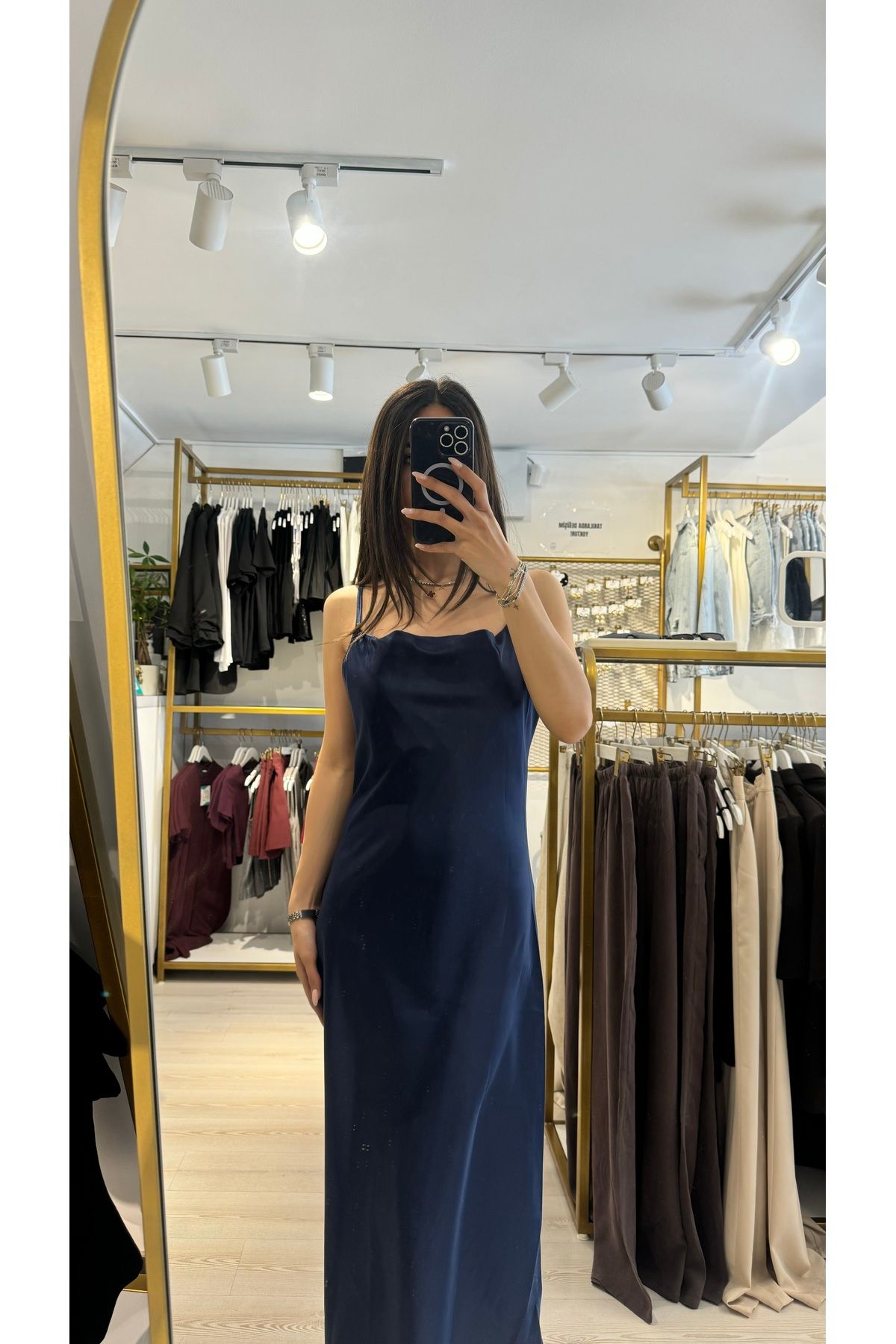 Boutique Mint Lacivert Saten Elbise