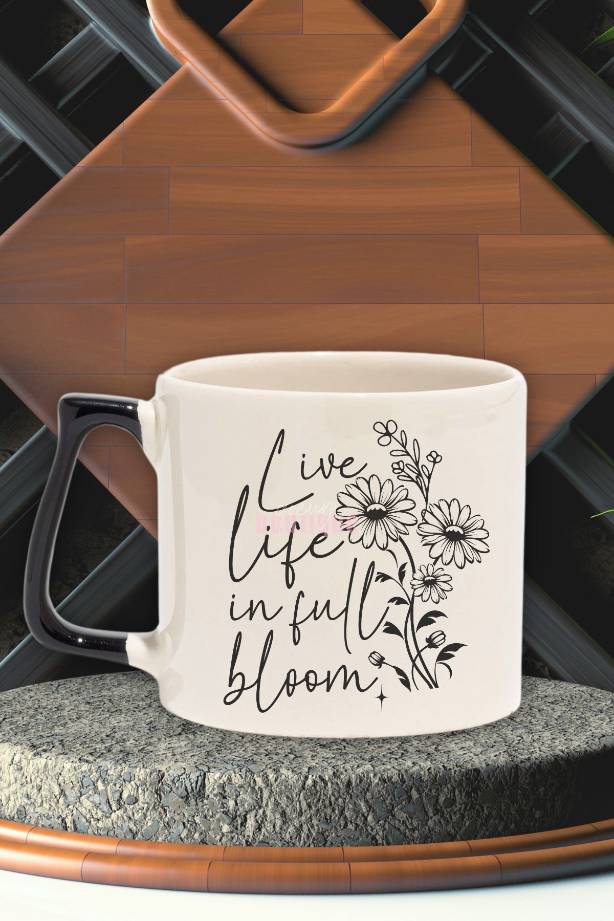 qoeuyl boutique "Live life in full bloom" Hayatı Dolu Yaşa Arkadaşa Doğum Günü Hediye Siyah Kulplu Kupa Bardak