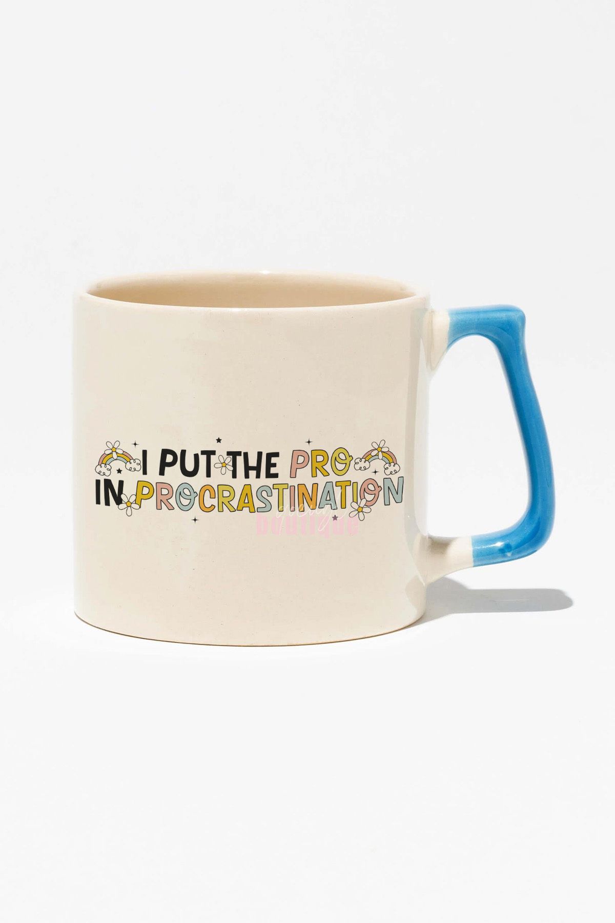 qoeuyl boutique "I put the 'pro' in procrastination" Komik Arkadaşa Doğum Günü Hediye Mavi Kulplu Kupa Bardak