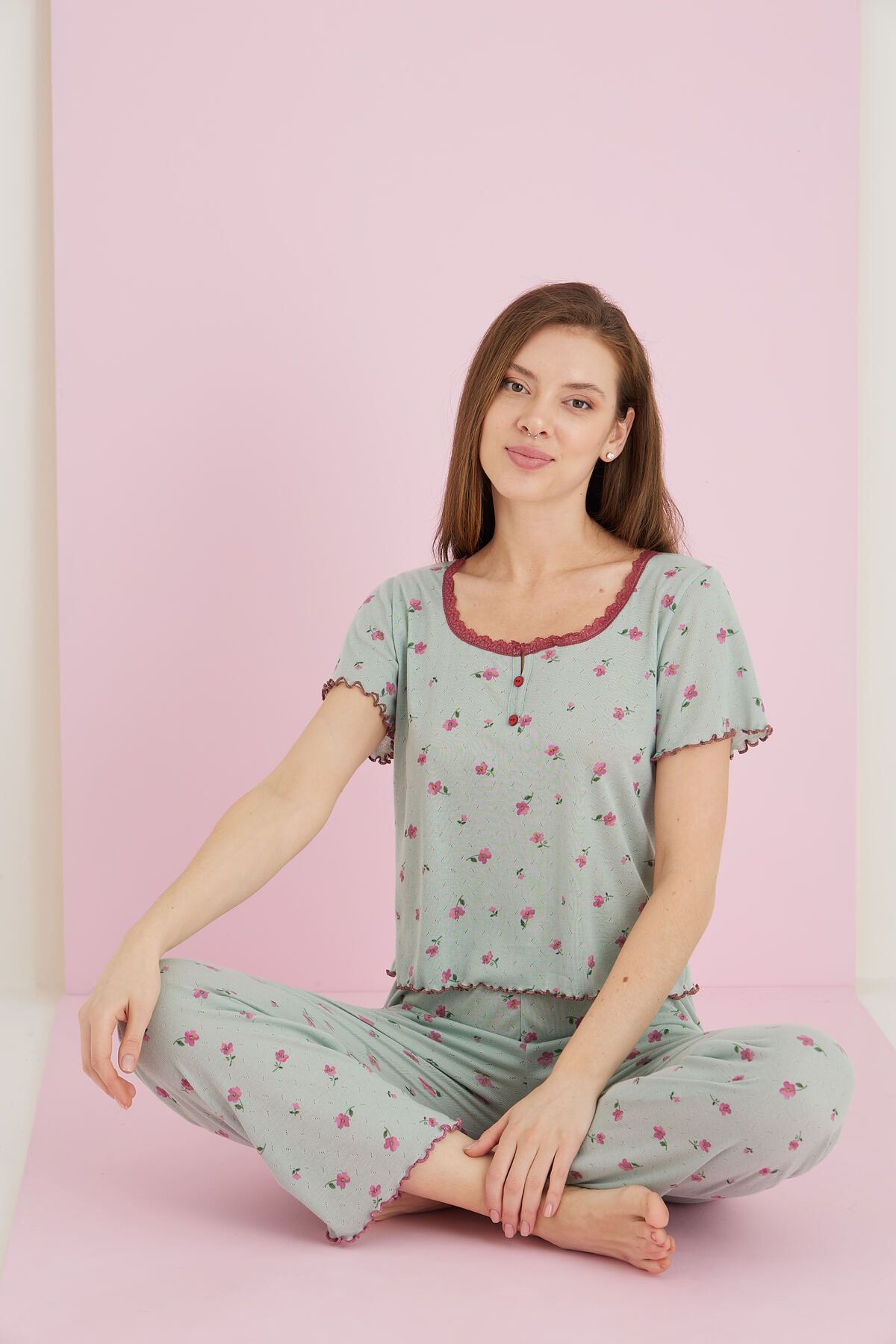 ELİTOL Jakarlı Viskon Dantelli Pijama Takım