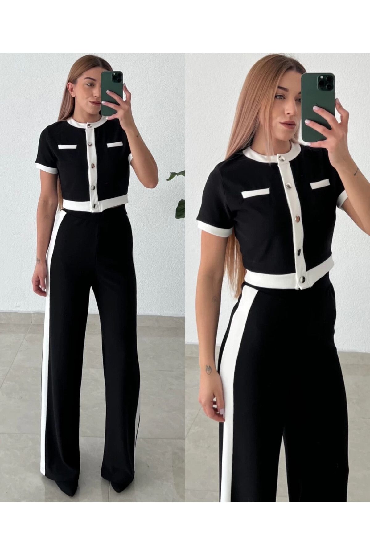 pelish Siyah Ottoman Kumaş Garnili Kısa Kolu Hırka Pantolon Takım