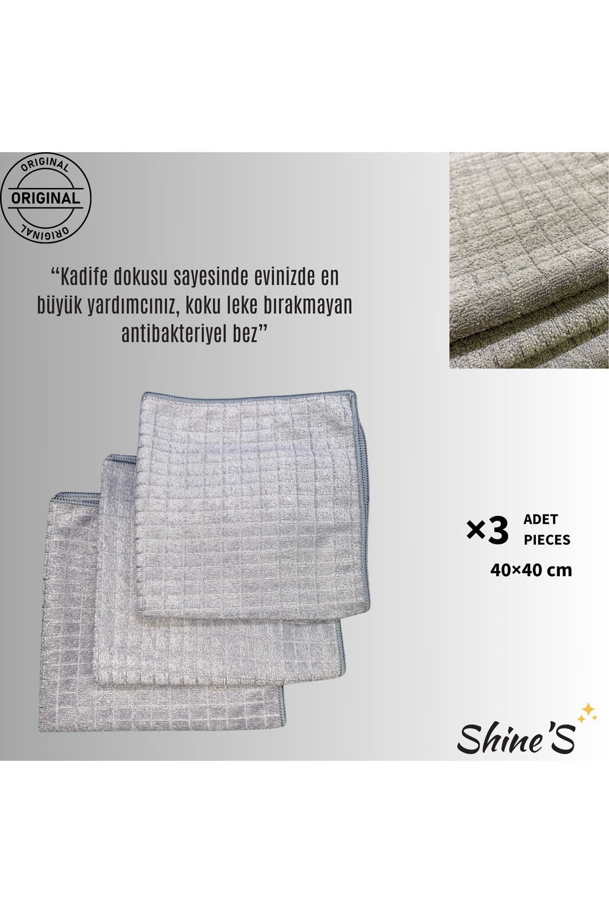 Shines Fabrika Satış Mağazası Shine's 3'lü Kadife Mikrofiber Bez Temizlik Bezi, Mutfak, Banyo, Araba, Mobilya 40x40 CM Antrasit