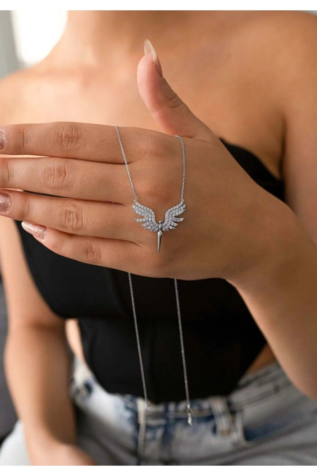 HEYjewelry Gümüş Mikail Meleği Figürlü Zirkon Taşlı Melek Kanadı Kararmaz Çelik Kolye