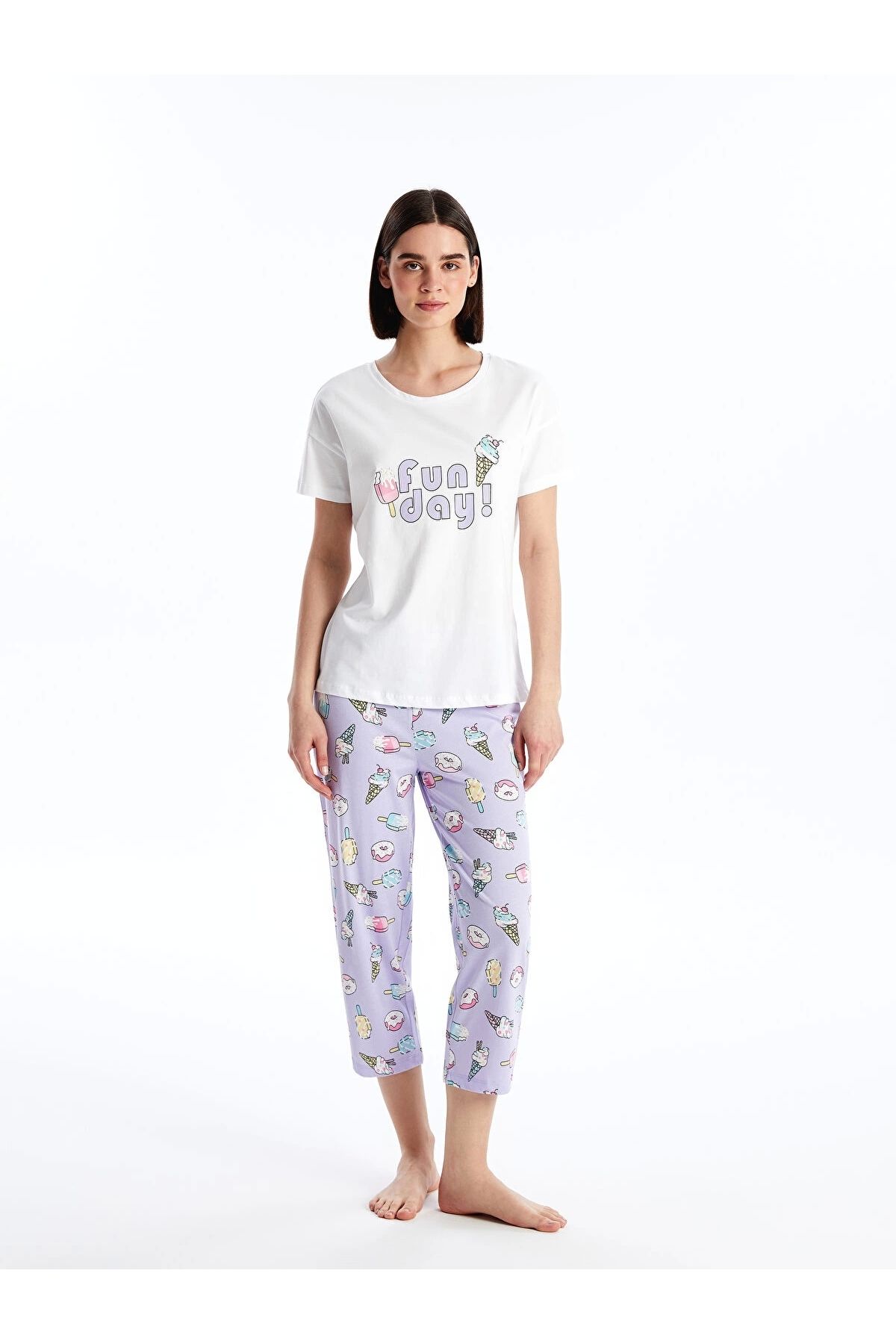 LC Waikiki LCW Young Lila Bisiklet Yaka Baskılı Kısa Kollu Kadın Pijama Takımı
