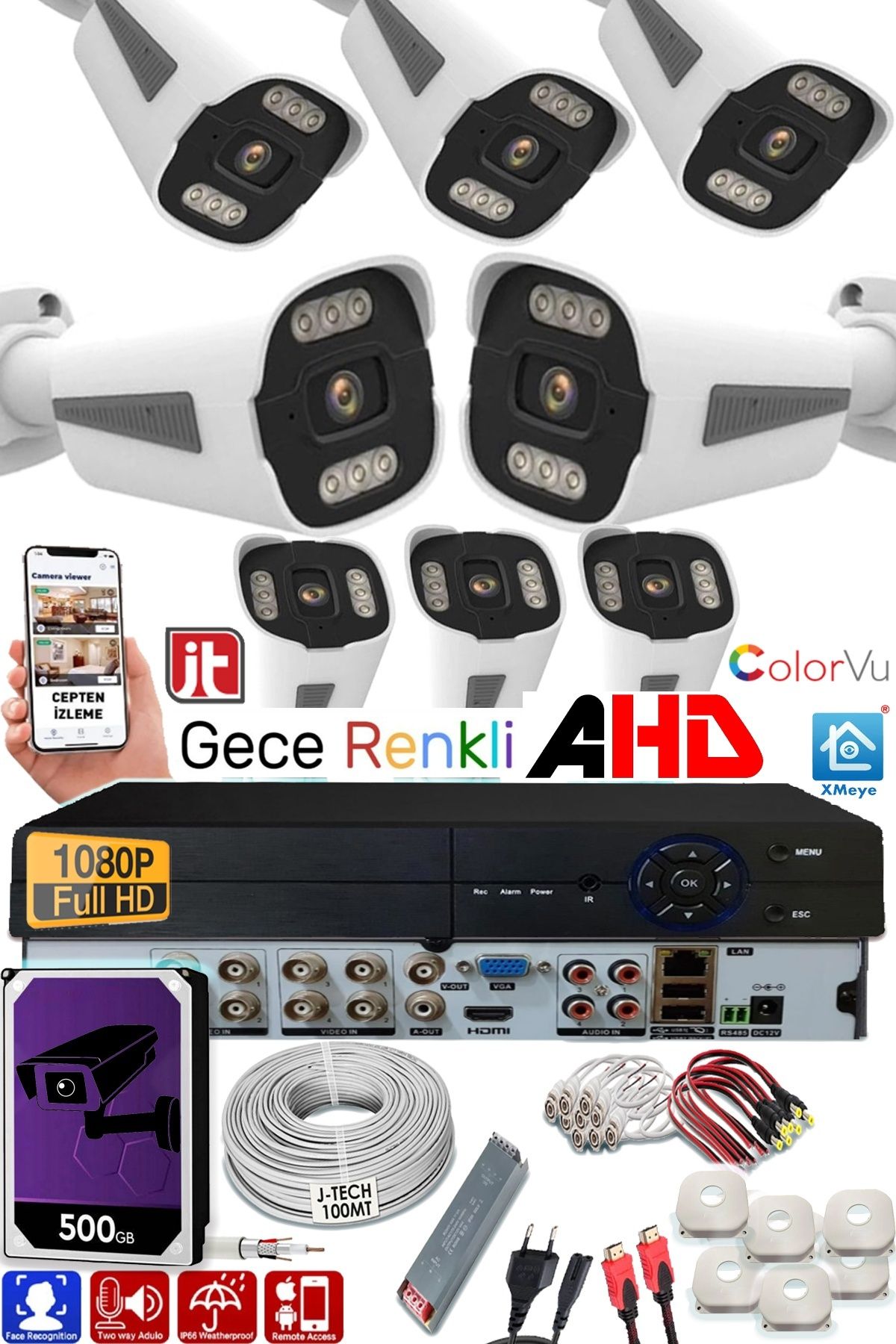 jetucuzal 8 Kameralı AHD Set 500GB 3060- 5MP Sony Lensli HD Gece Renkli Güvenlik Kamerası Sistemi -Cepten izle